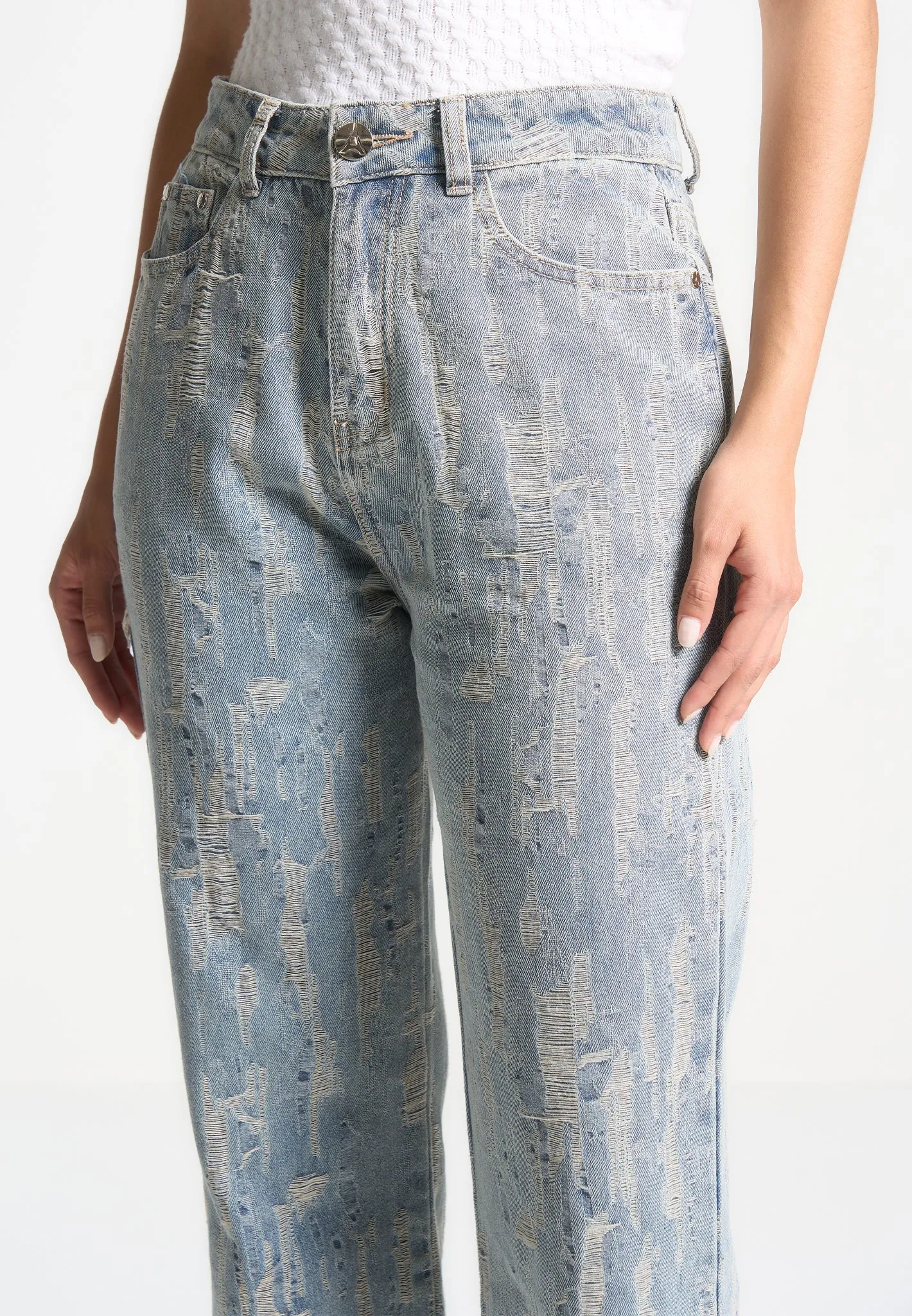 Florence - Distressed High Rise Straight Leg Jeans - Mid Blue Effortless Clothing Refined Detail