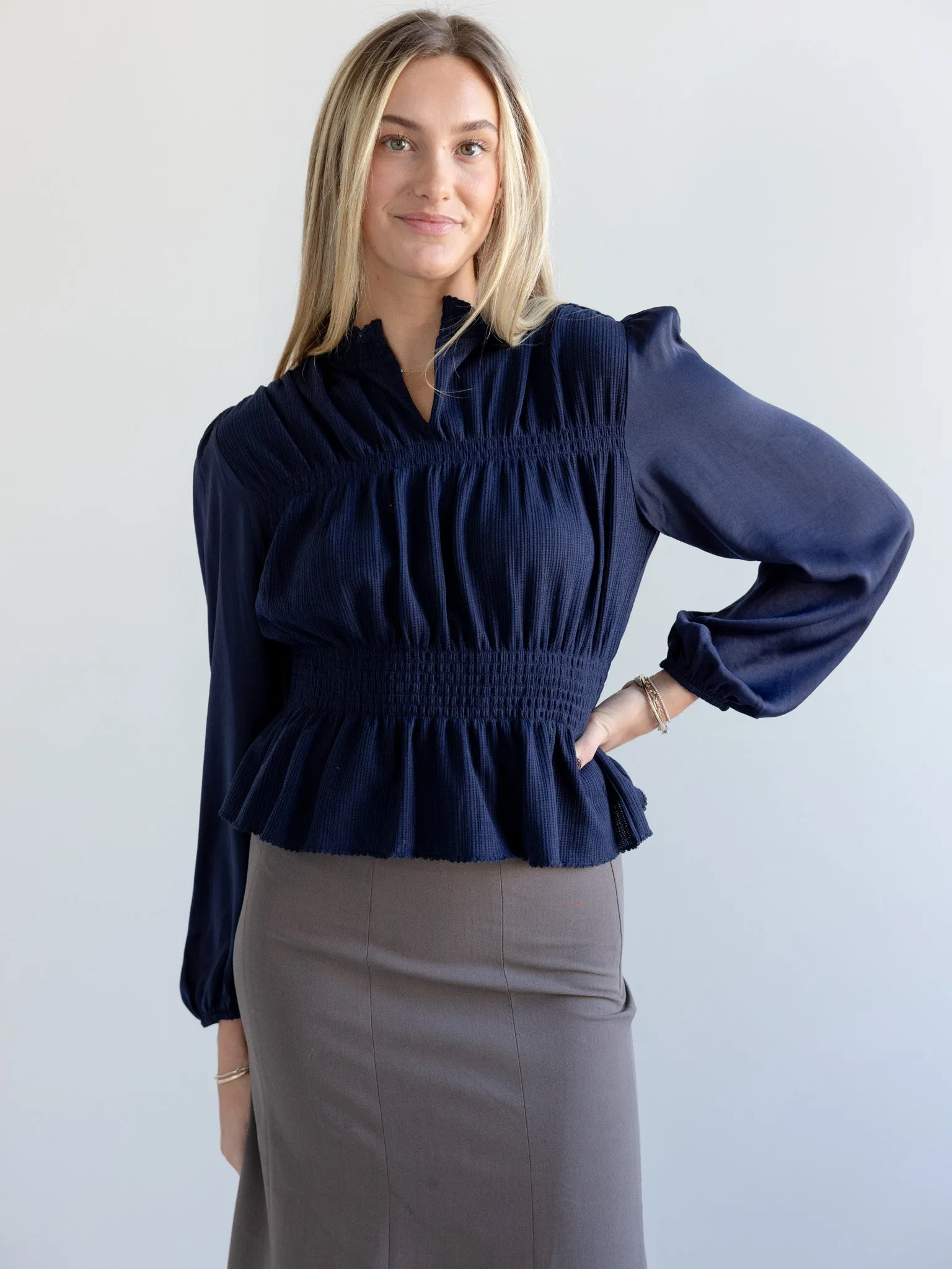 Jacey Ruffle Knit Top Adjustable Collar System