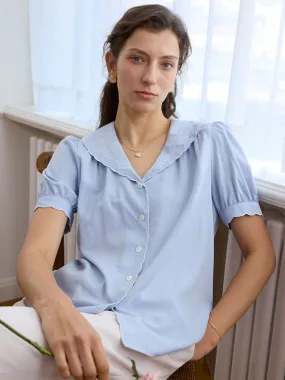 Xiomara Tulip Embroidery Puff Sleeve Button Front Shirt Retro Style