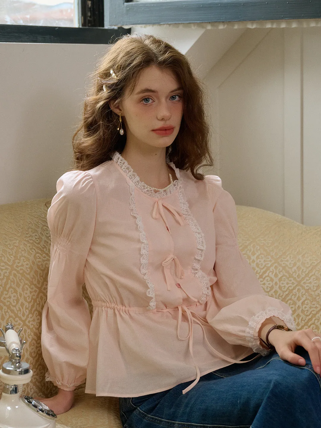 NonIrritatingStitching ??Final Sale??Aileen Contrast Lace Round Neck Bow Cotton Blouse