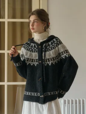 Zoya Notched Collar Fair Isle SR Exclusive Design Claw Button Wool Hoodie Cardigan DurableWeave