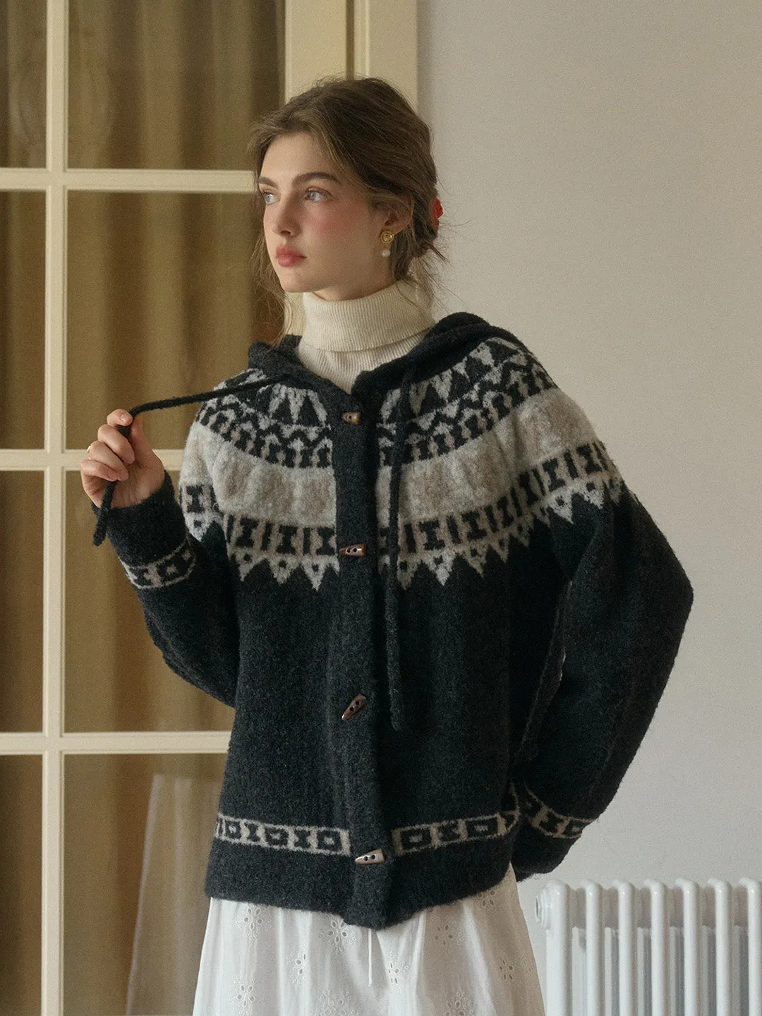 Zoya Notched Collar Fair Isle SR Exclusive Design Claw Button Wool Hoodie Cardigan MultiPocket Configuration