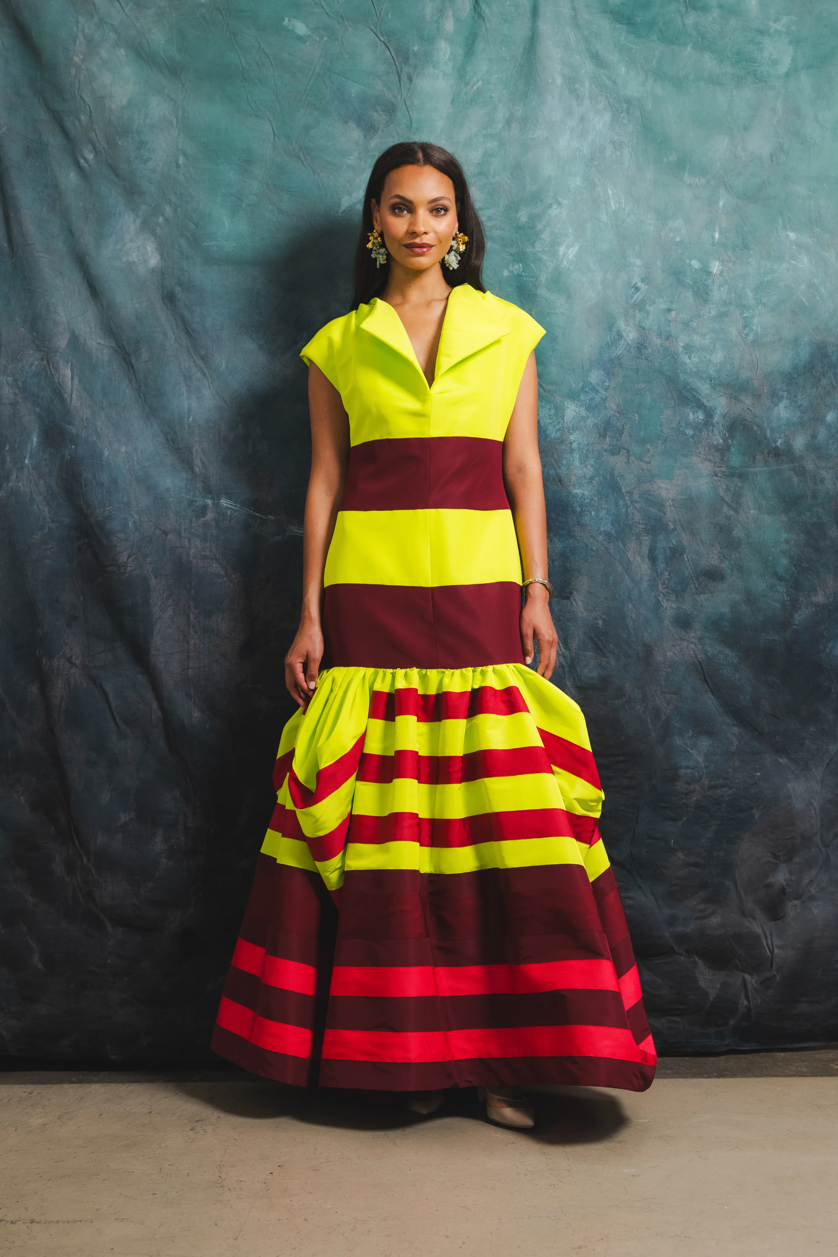 Silk Colorblock Peel Umbrella Gown Piped-Edge