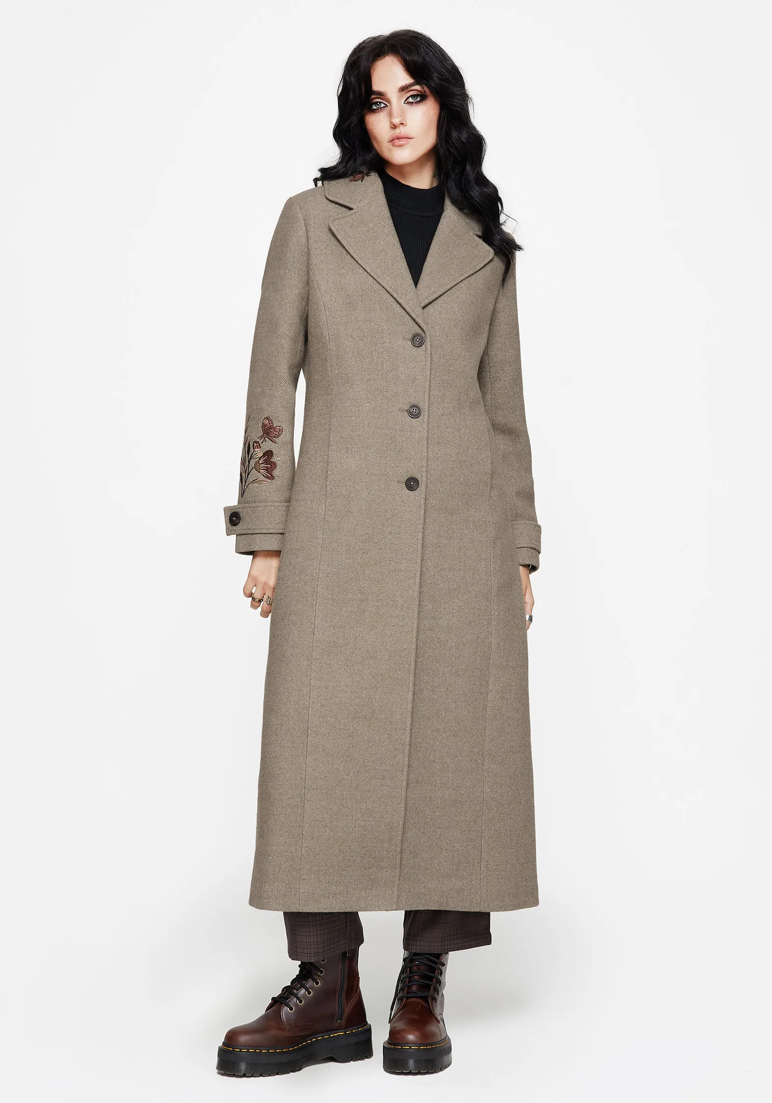 Valeria Floral Moth Embroidered Herringbone Longline Coat EasyClean Coating