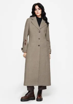 Valeria Floral Moth Embroidered Herringbone Longline Coat EasyClean Coating