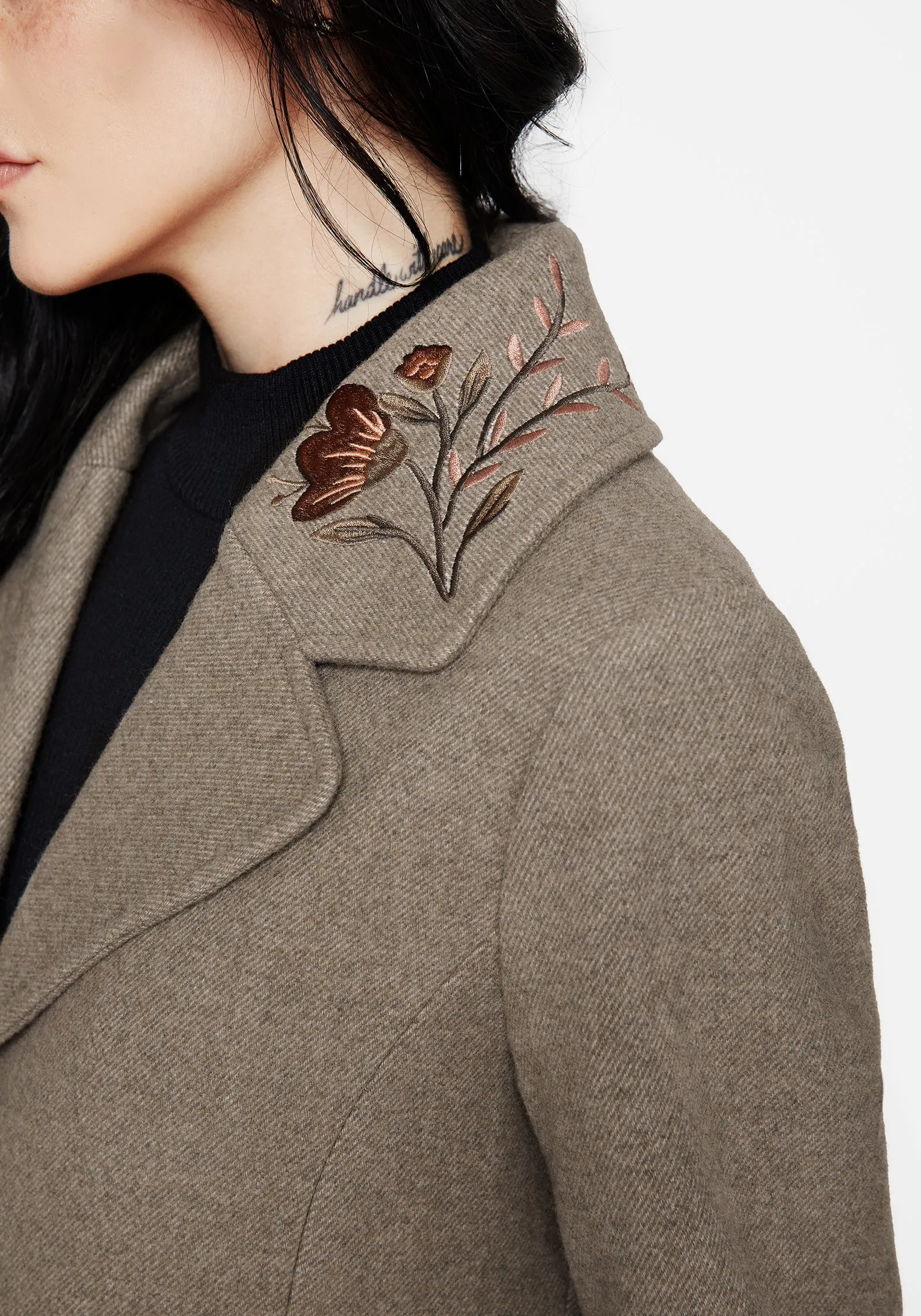 Smart Design wrinkle free Valeria Floral Moth Embroidered Herringbone Longline Coat