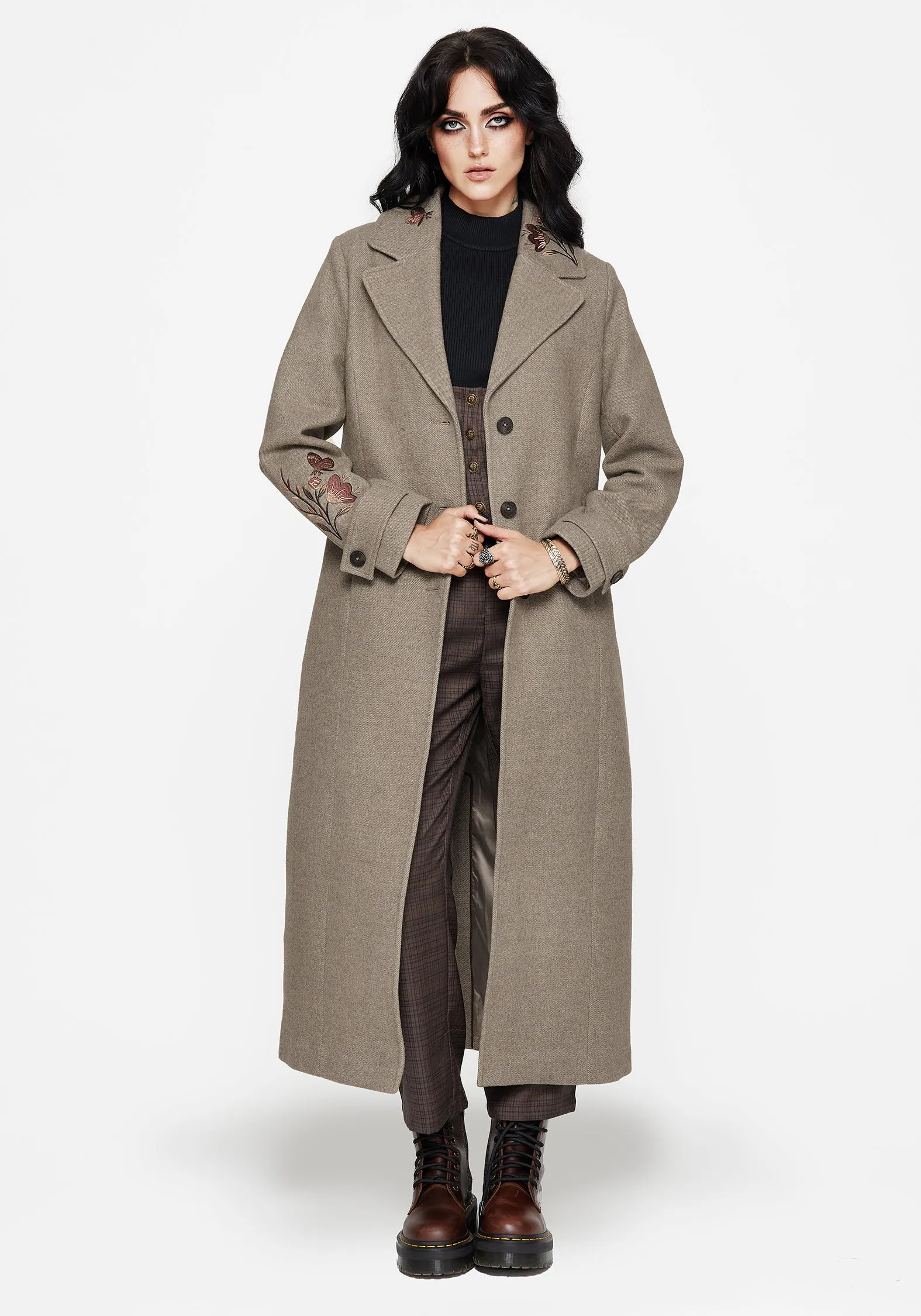 Valeria Floral Moth Embroidered Herringbone Longline Coat No Wrinkle