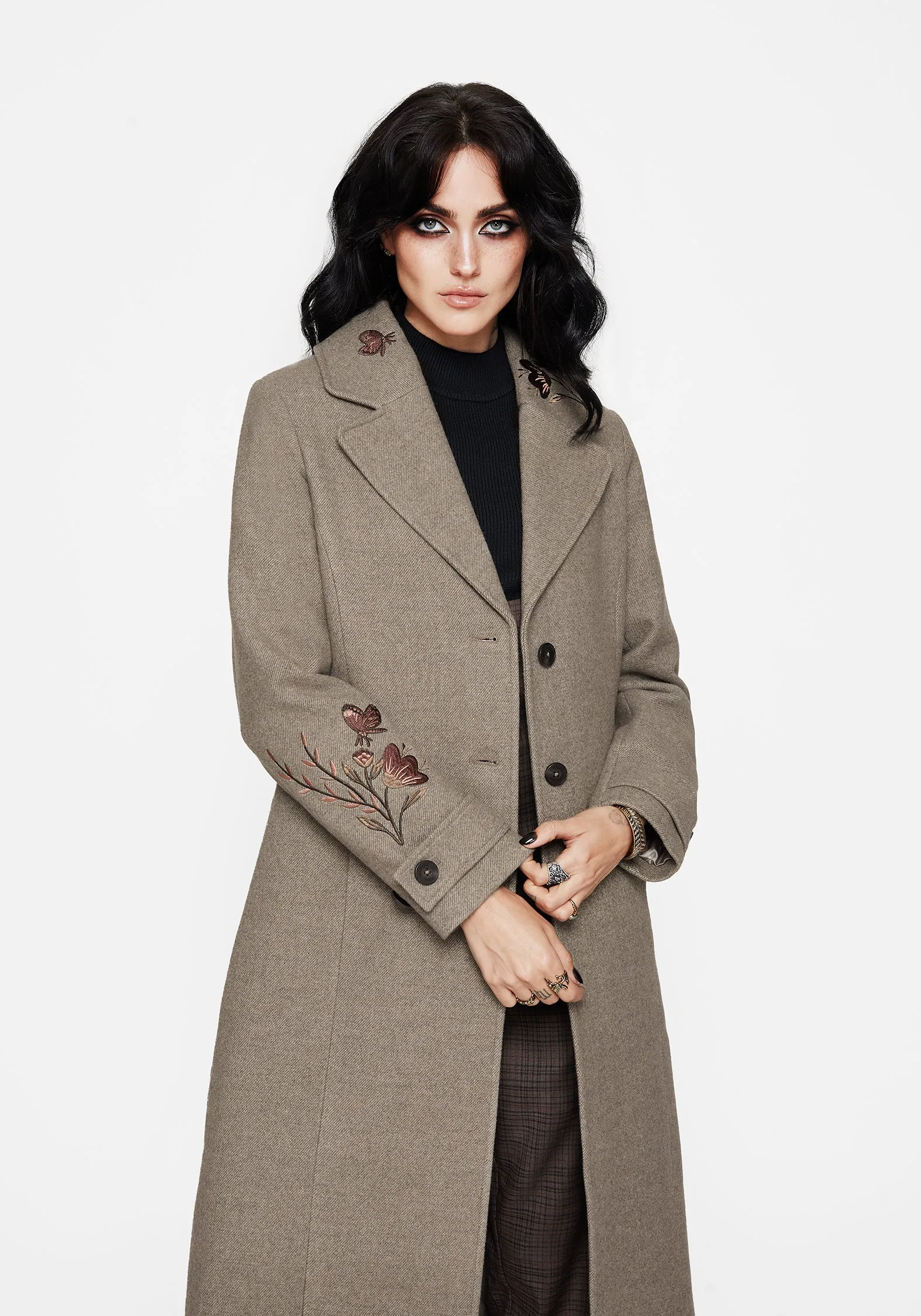 Valeria Floral Moth Embroidered Herringbone Longline Coat Breezy Layer Option Long Sleeve