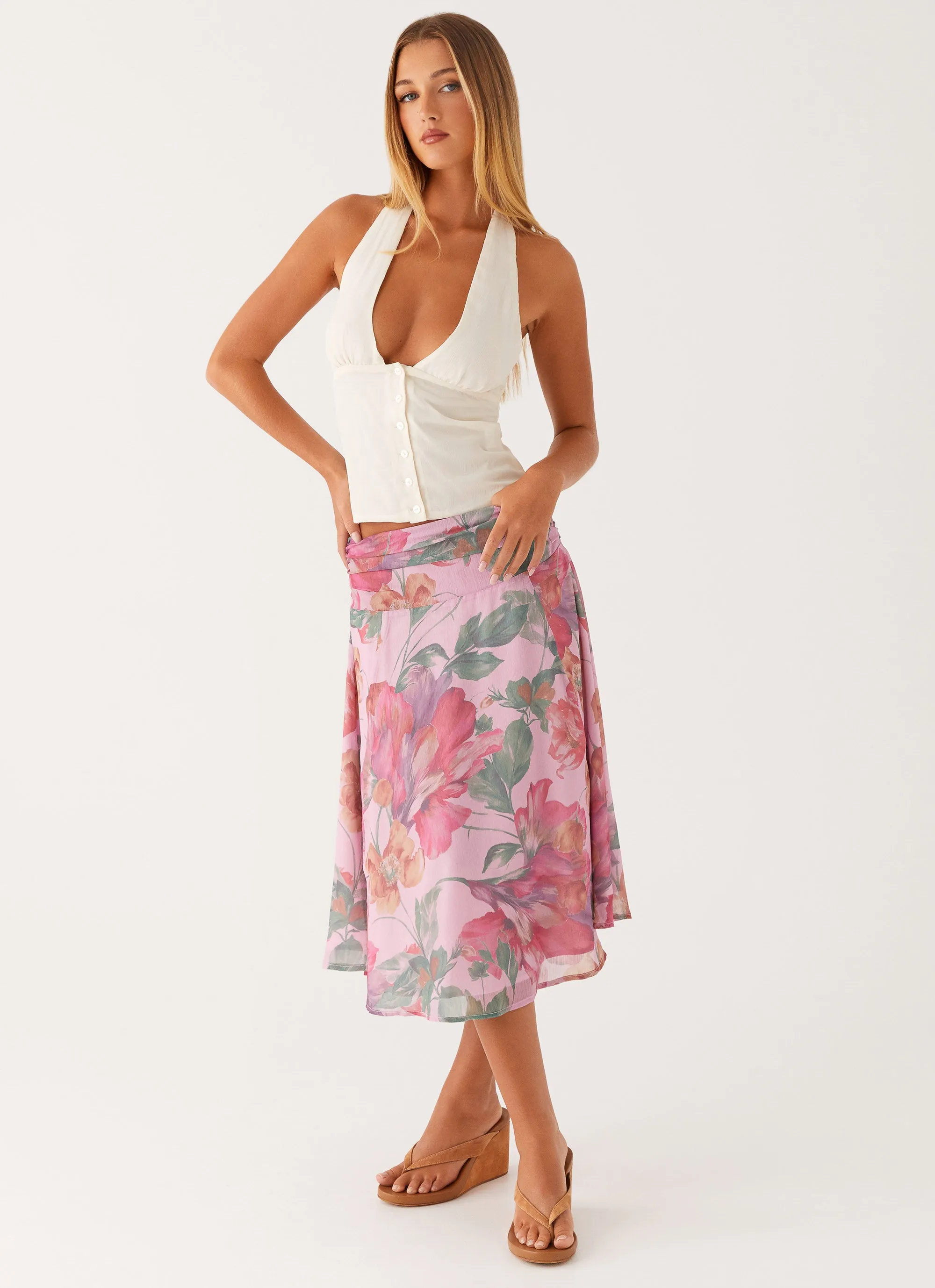 Valley Midi Skirt - Pink Floral Easy Fit