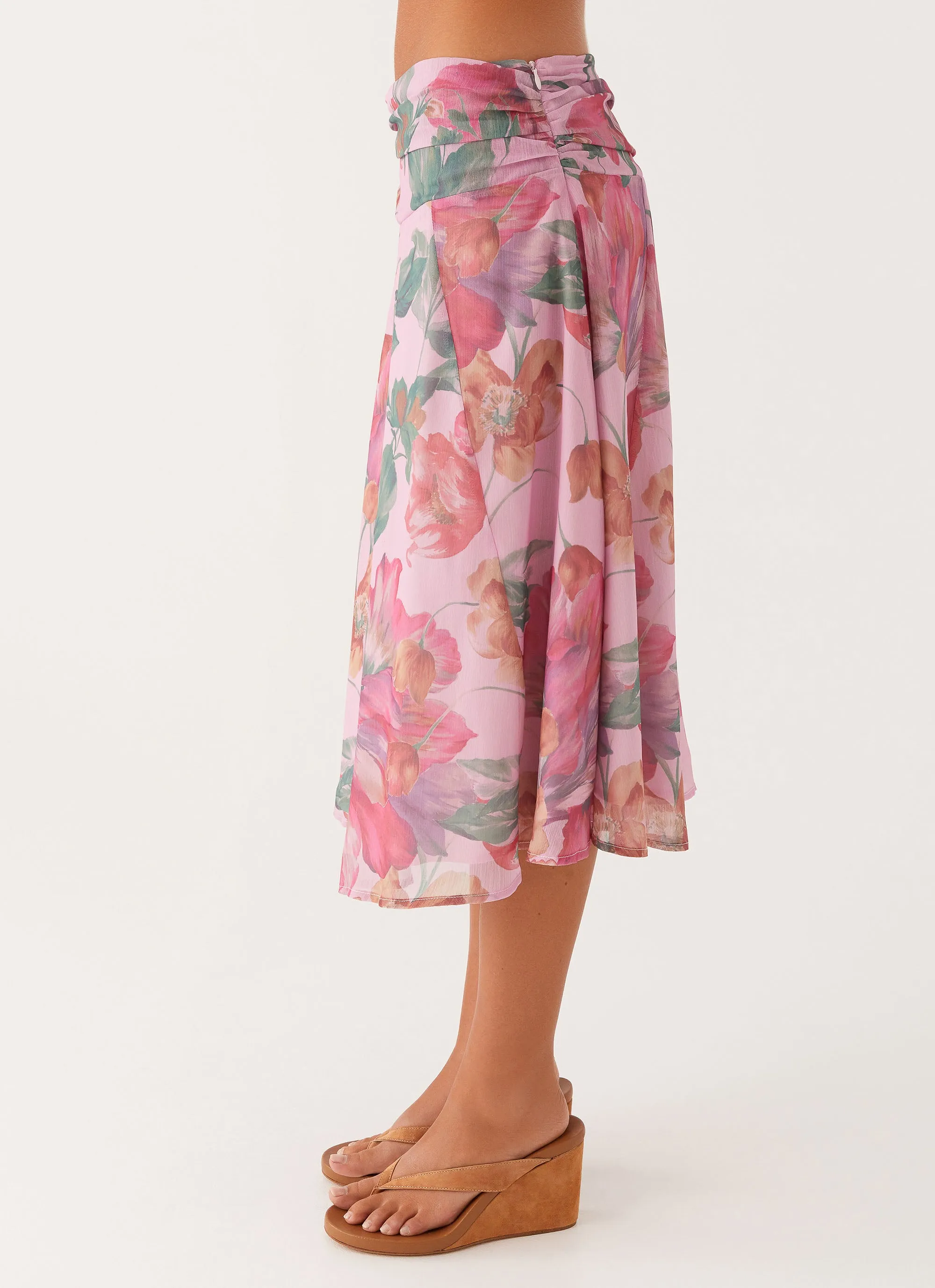 Fold Over Detail Smart Comfort Valley Midi Skirt - Pink Floral