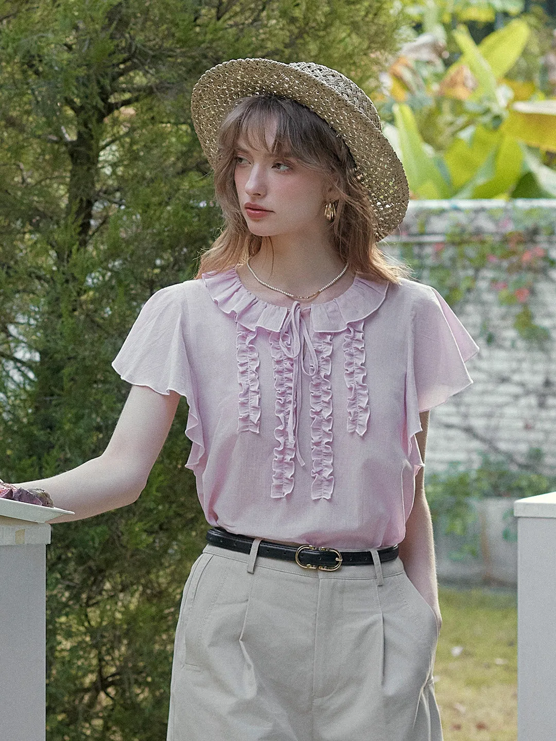 Layered Sleeve Vanessa Round Collar Ruffle Sleeve Top