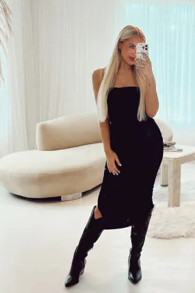 Venice Ruched Midi Dress - Black Pleated-Texture