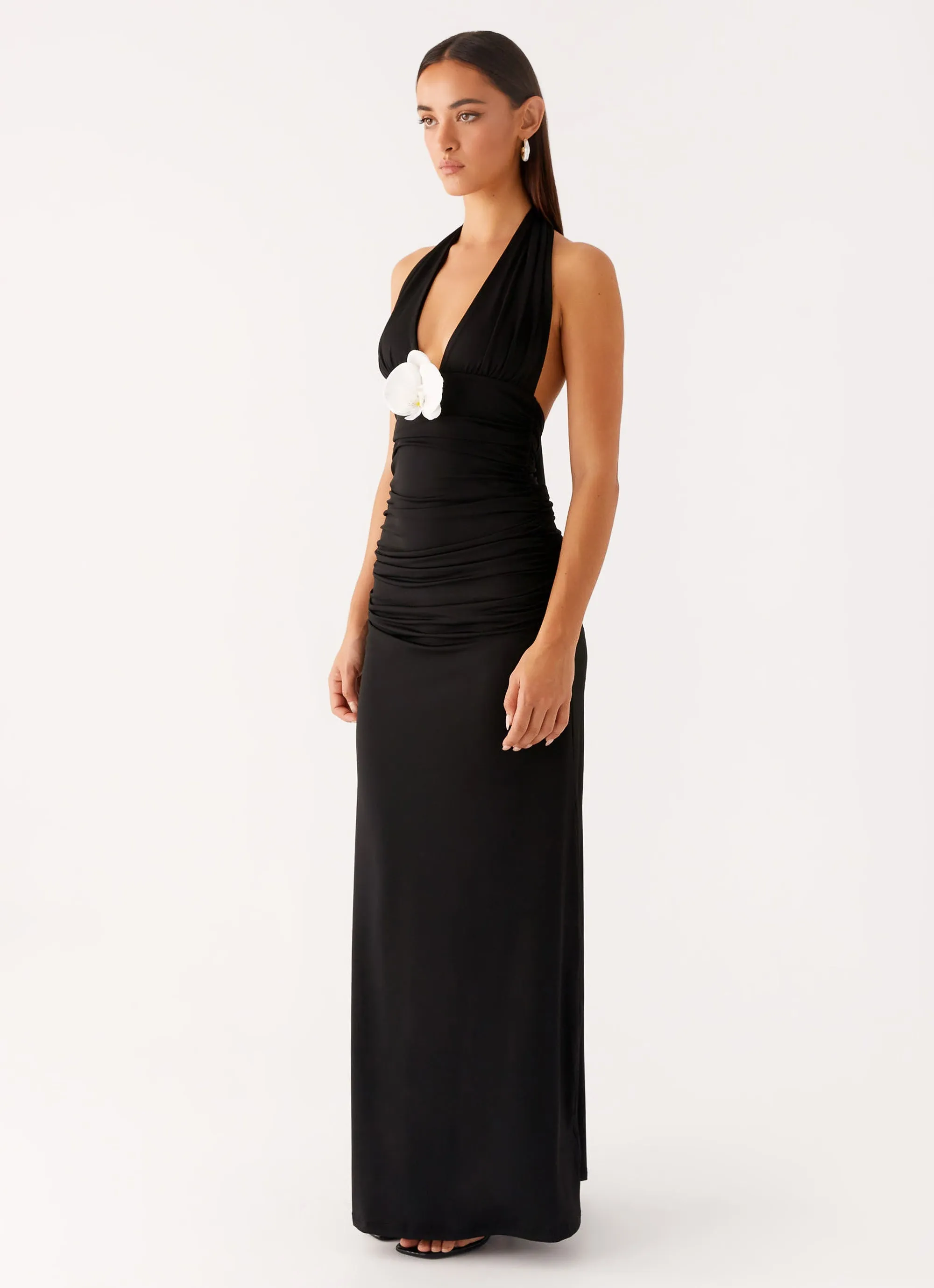 Adalie Halter Neck Midi Dress - Black Button Accent