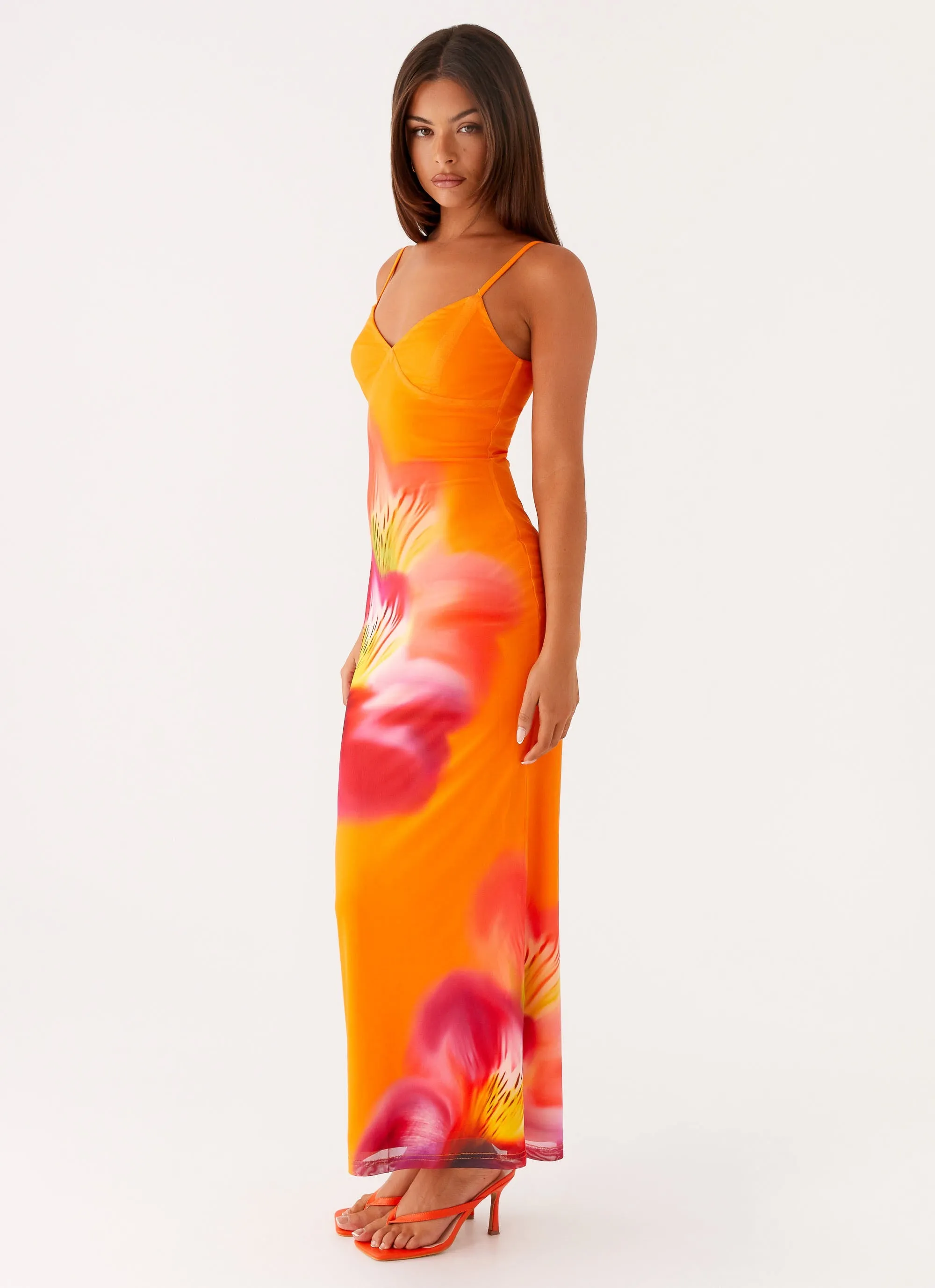 Kasey Midi Dress - Orange Tropical Pearl-Detail Daily Casual