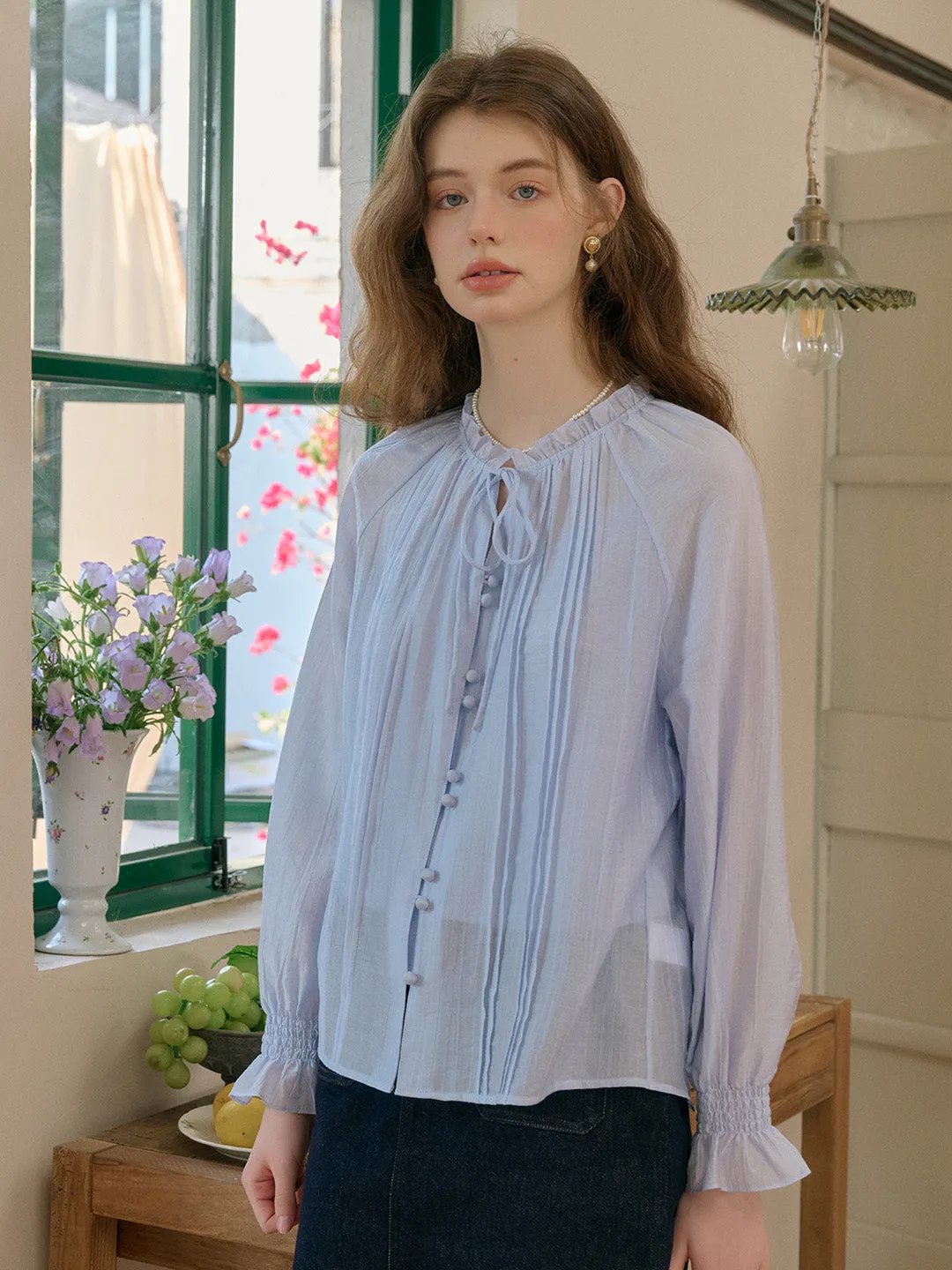 Sana Ruffle Collar Tie Blouse - Blue RelaxedNeckline Layered Placket Design