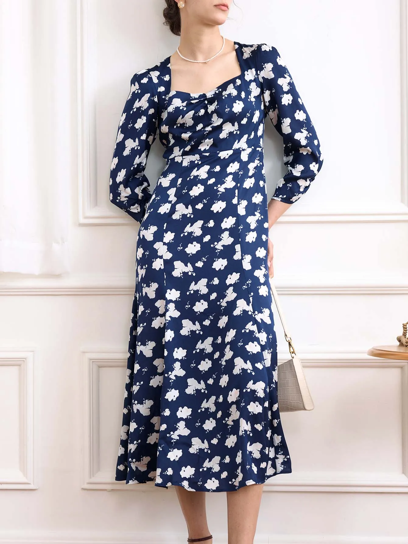 Ruffle Detail Comfortable and Flattering Ensley Floral Printed Black Dress