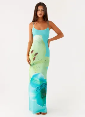 Bad News Mesh Maxi Dress - Turquoise Floral Event Favorite Tulle-Overlay