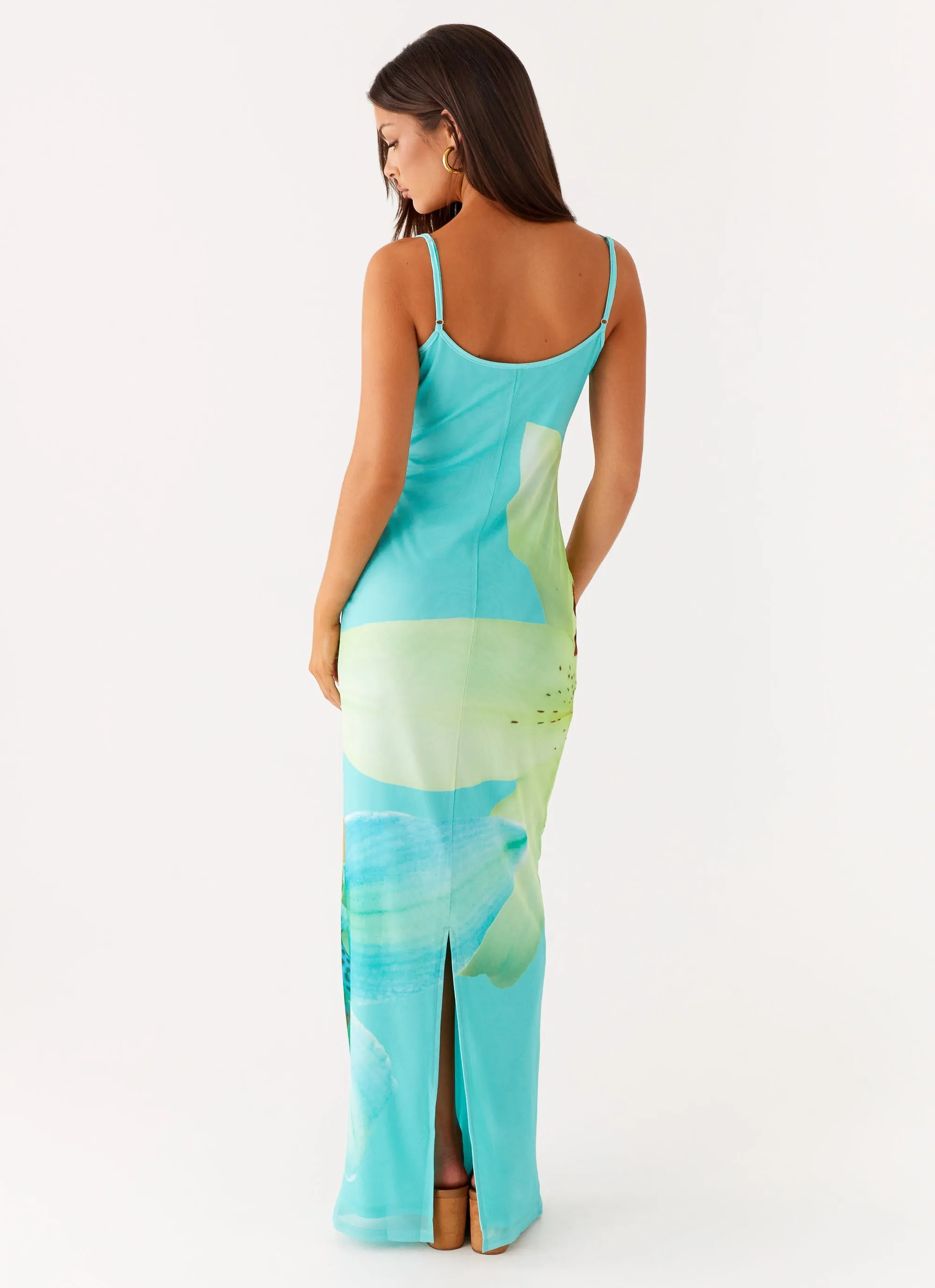 Halter-Neck WaterRepellentCoating Bad News Mesh Maxi Dress - Turquoise Floral