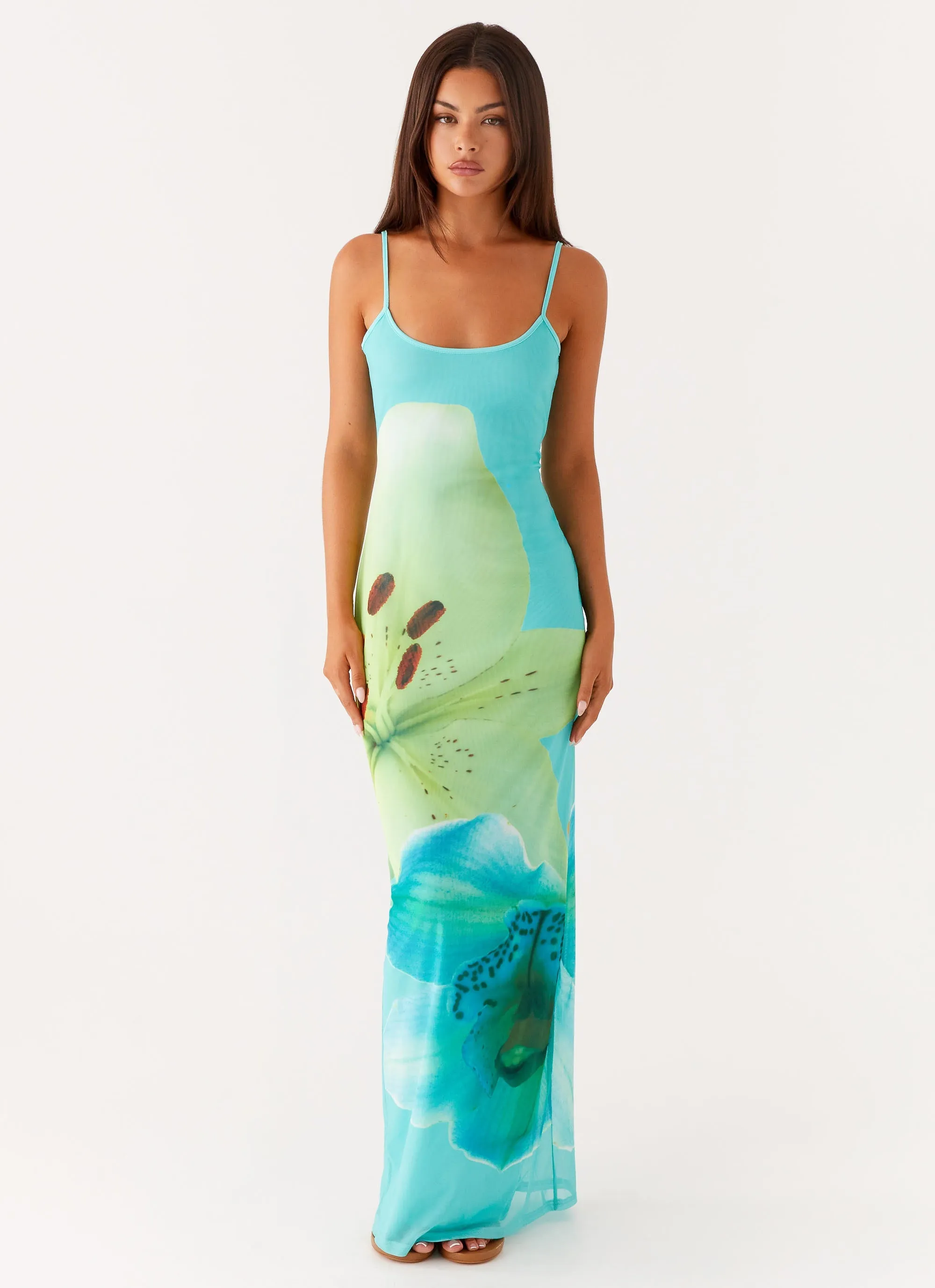 Bad News Mesh Maxi Dress - Turquoise Floral Urban Spirit