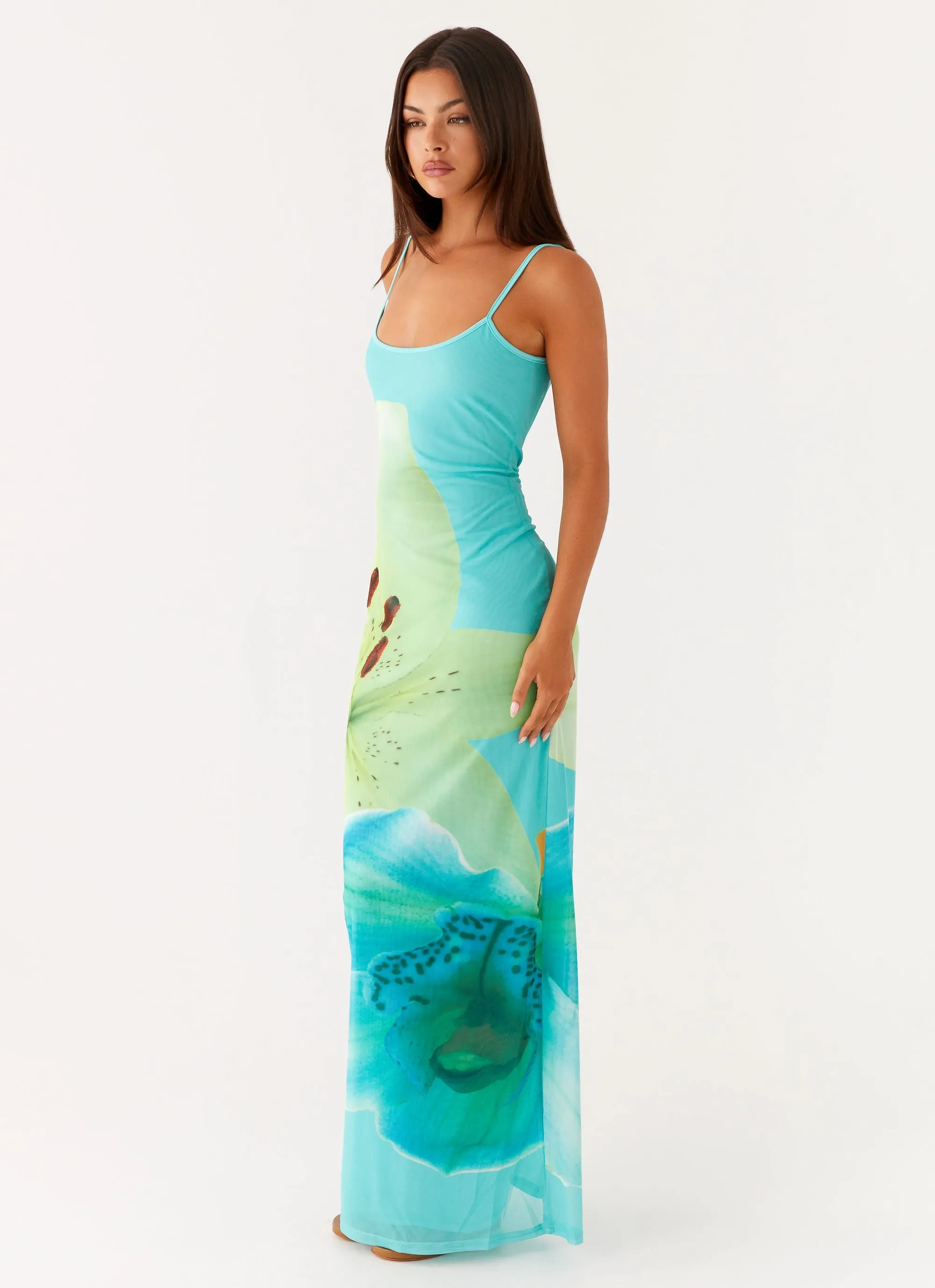 Loose Flow Polished Cut Bad News Mesh Maxi Dress - Turquoise Floral