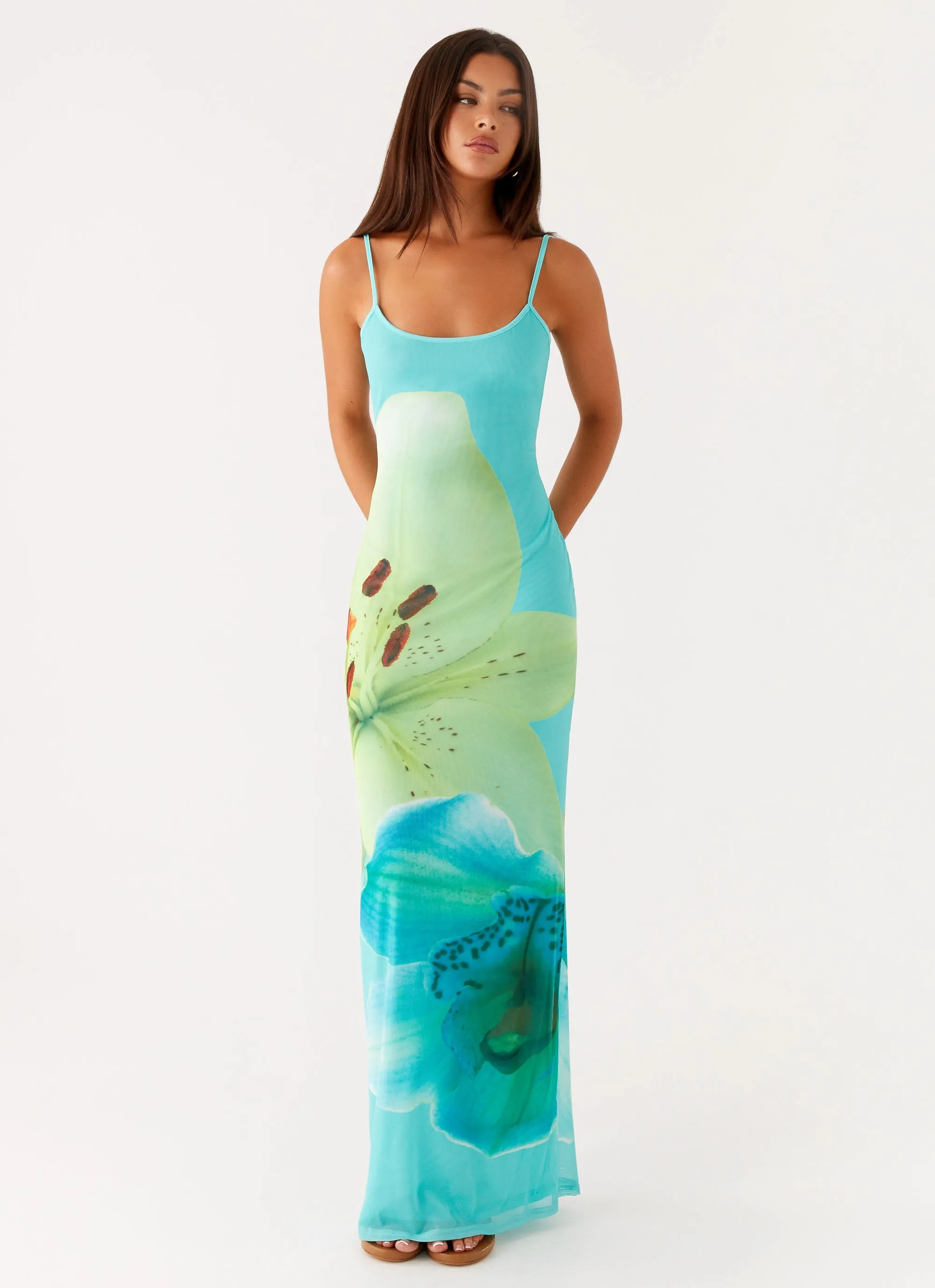 Bad News Mesh Maxi Dress - Turquoise Floral One Piece Look