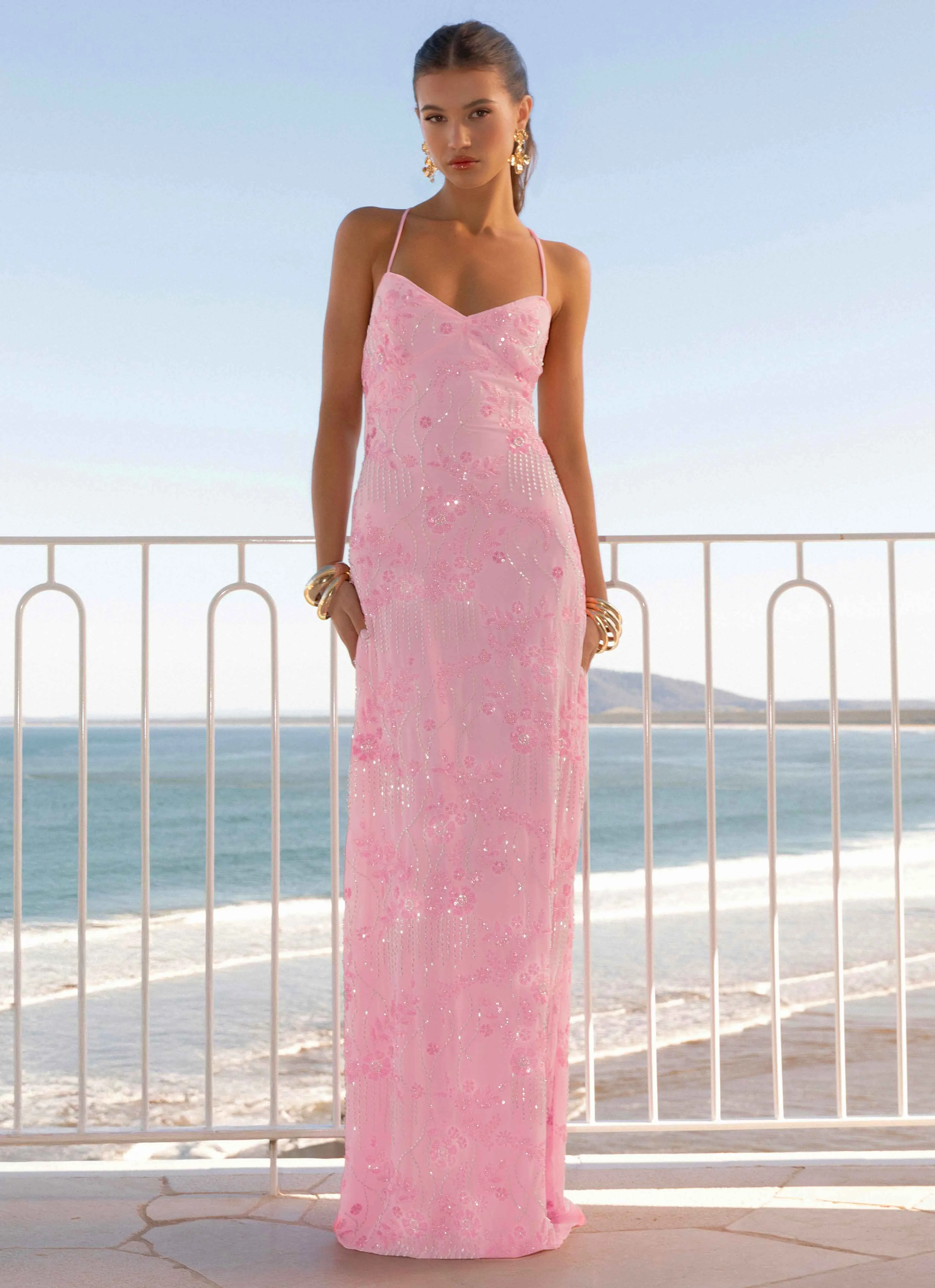 Spring Ready Gentle Drape Vietta Sequin Cami Maxi Dress - Pink