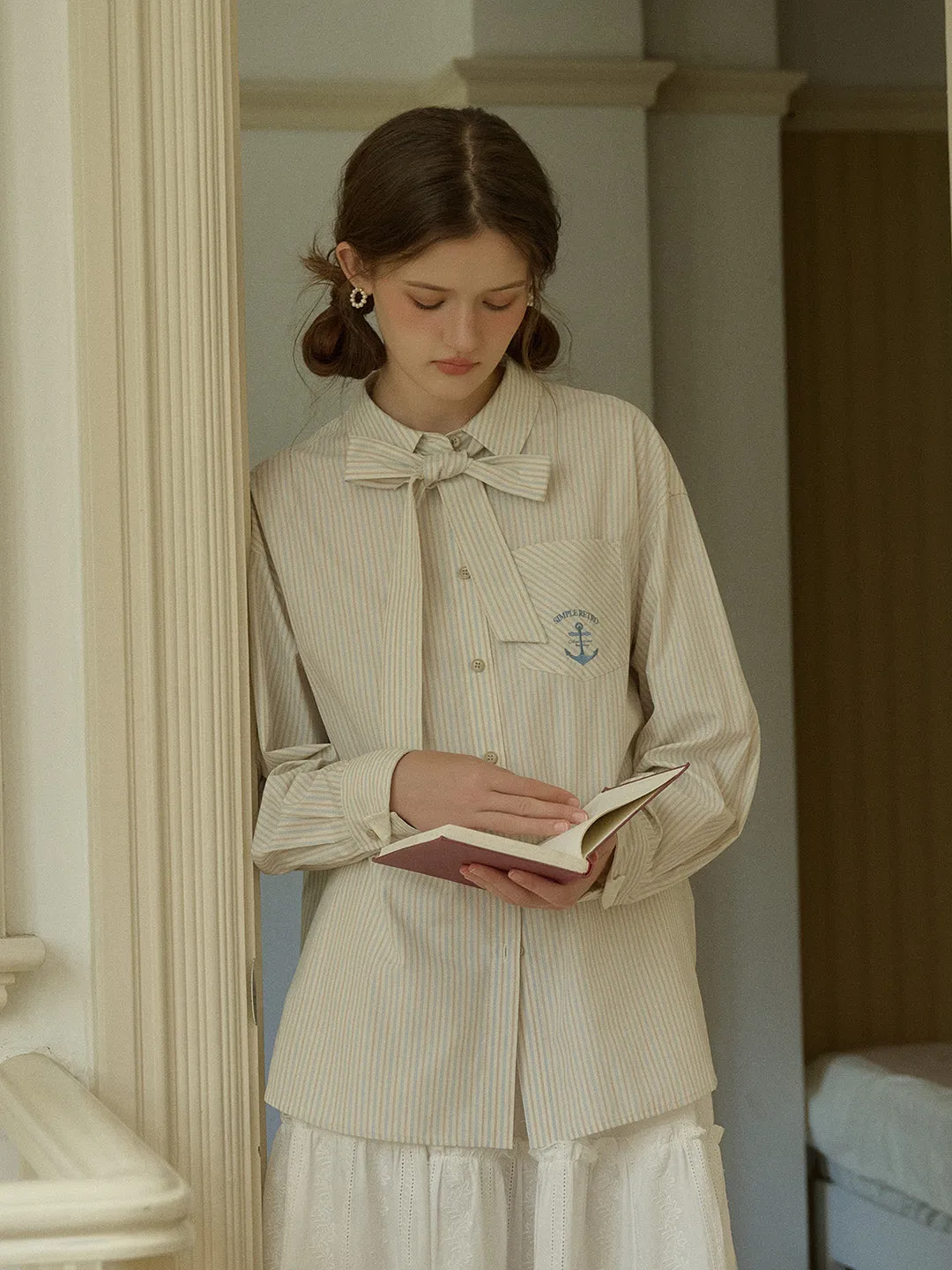 Hypoallergenic Fiber Violeta Classic Lapel Bow Anchor Embroidery Pocket Stripe Shirt - Blue