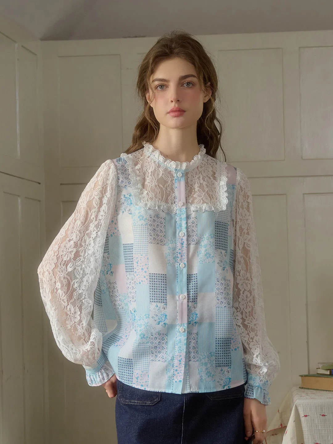 WrinkleFree Structure Vivienne Lace Collar Patchwork Blouse