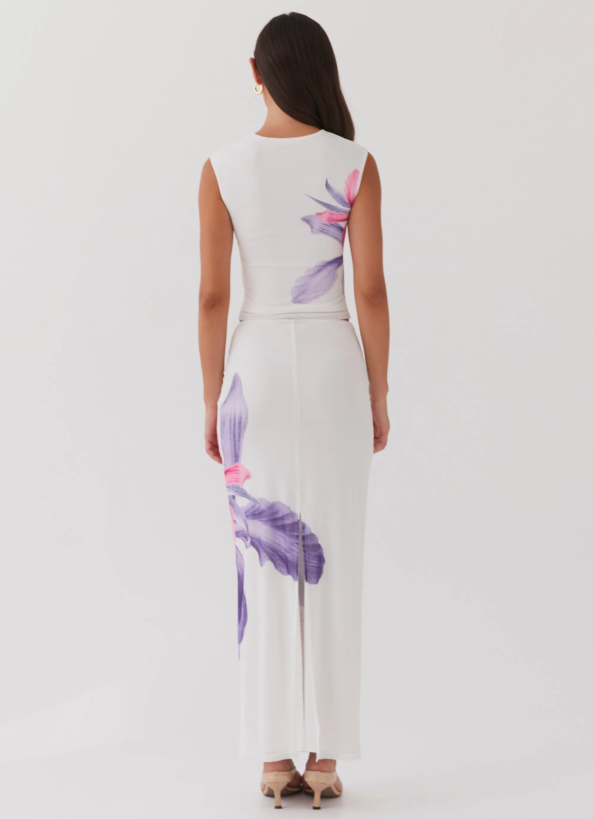 Waiting For Dawn Mesh Maxi Skirt - White Foil Print All Day