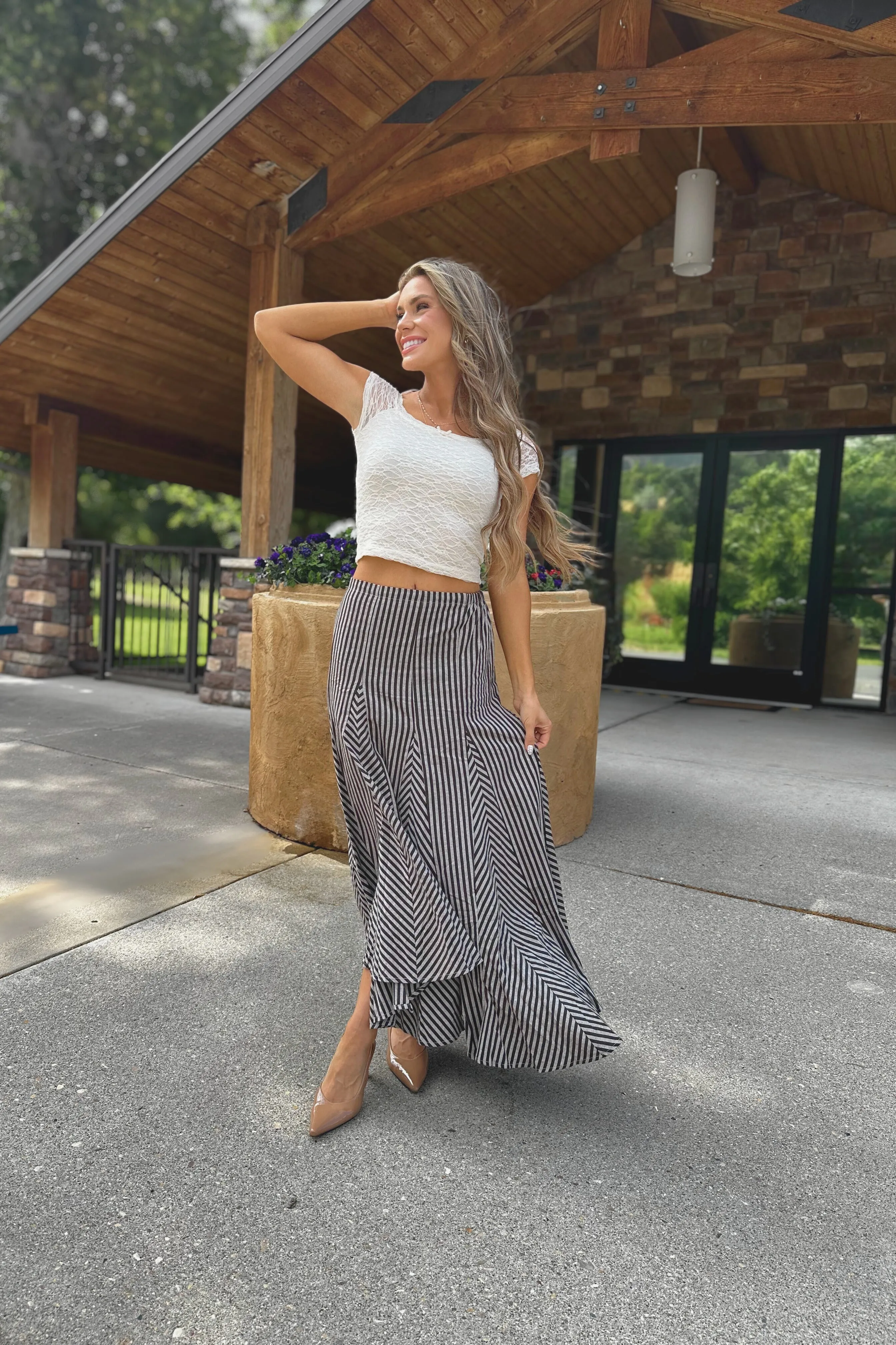 Pure Vibes Walnut Maze Stripe Maxi Skirt