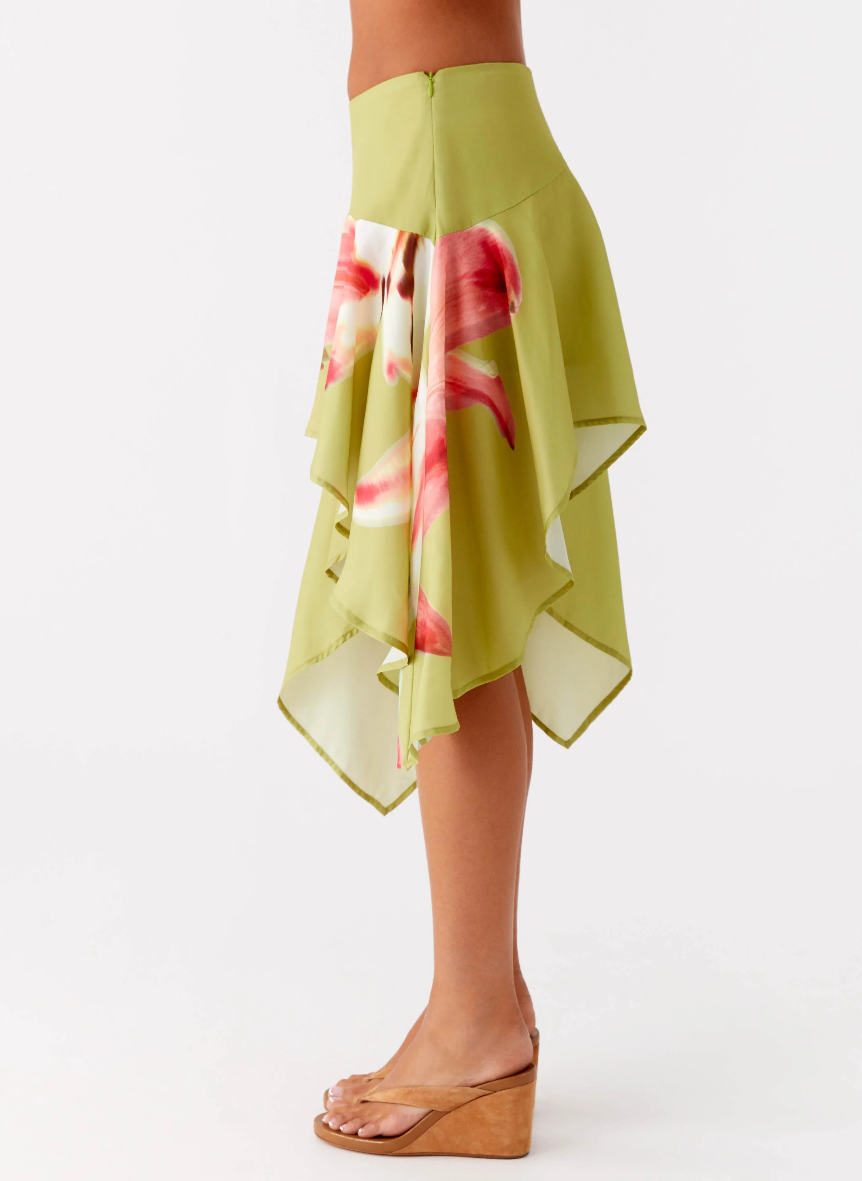 Kia Low Rise Asymmetrical Midi Skirt - Jungle Floral Abstract Motif One size fits most