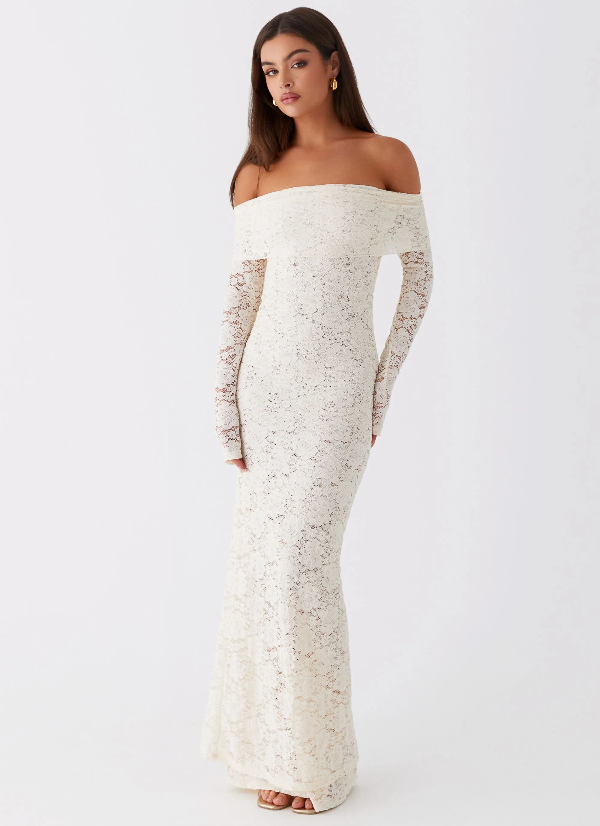 High-Neck Flowy-Shape Yours Always Lace Maxi Dress - Ivory