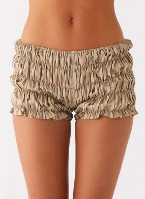Girls Like Us Ruched Mini Shorts - Oatmeal Stripe Comfortable Fit Look Barrel Waist