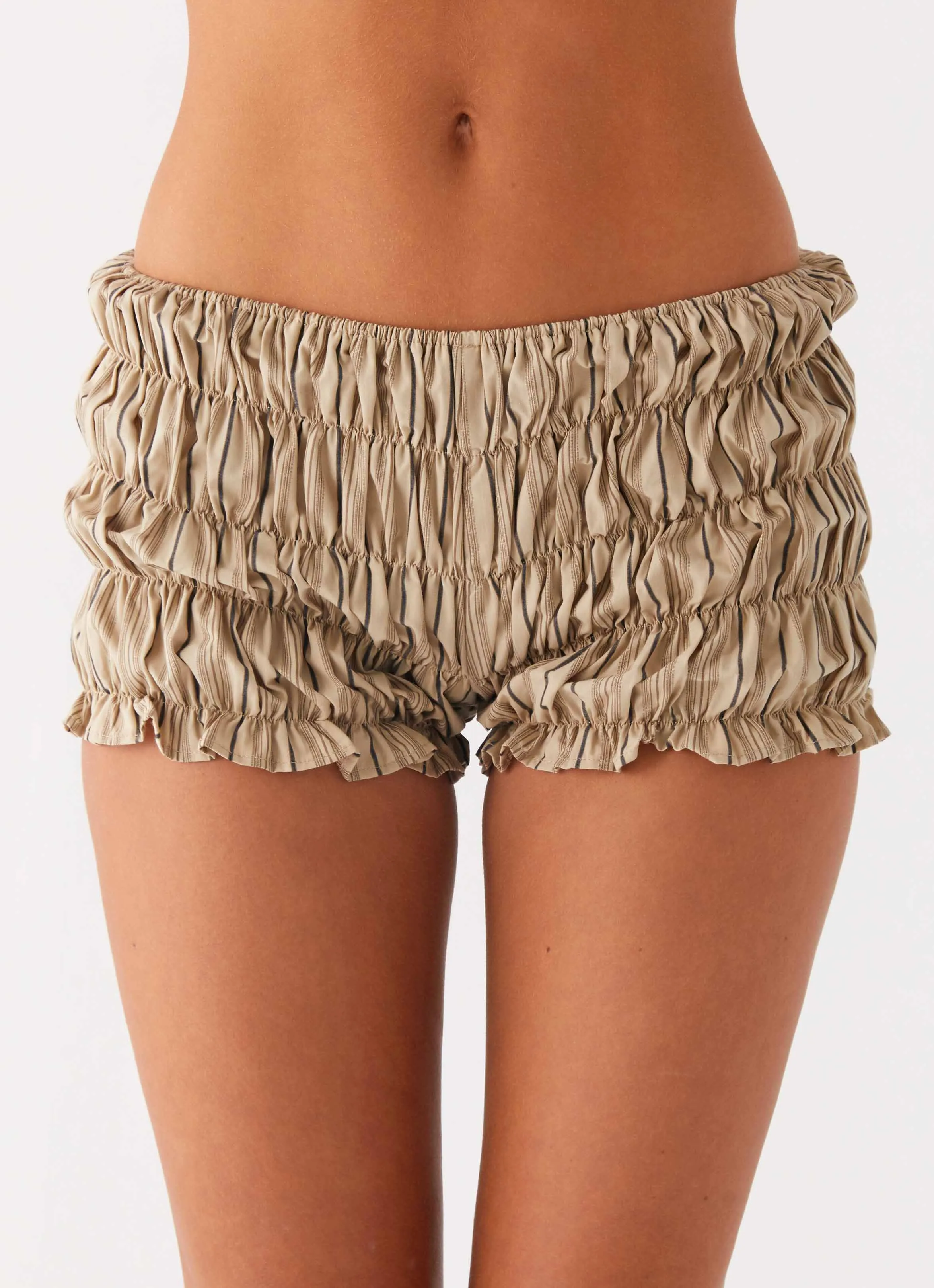 Girls Like Us Ruched Mini Shorts - Oatmeal Stripe Comfortable Fit Look Barrel Waist