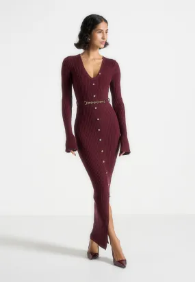 Assia - Long Sleeve Knitted Midaxi Dress With Belt - Wine Red Soft Harmony Bodycon-Fit