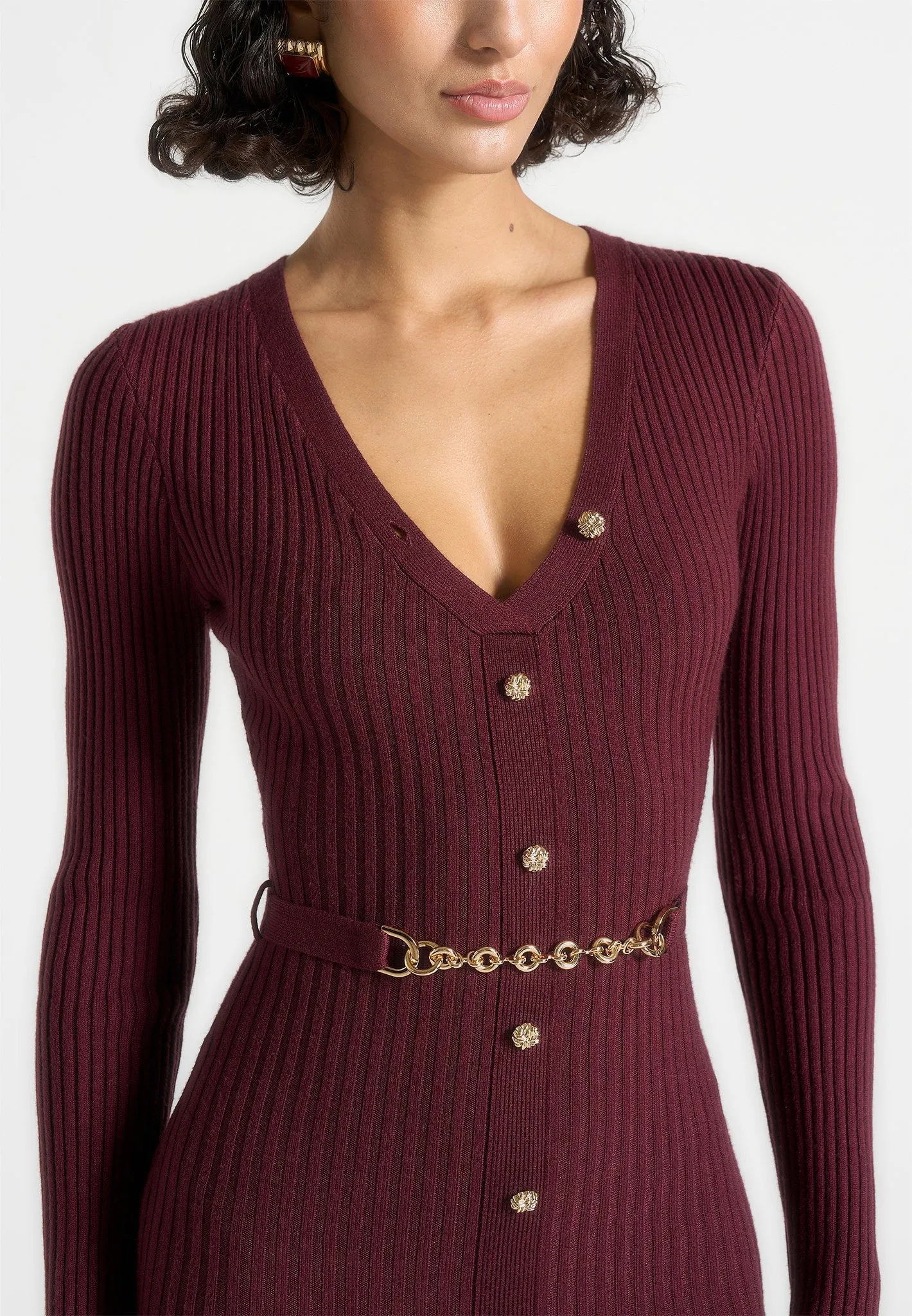 Work Look Urban appeal Assia - Long Sleeve Knitted Midaxi Dress With Belt - Wine Red