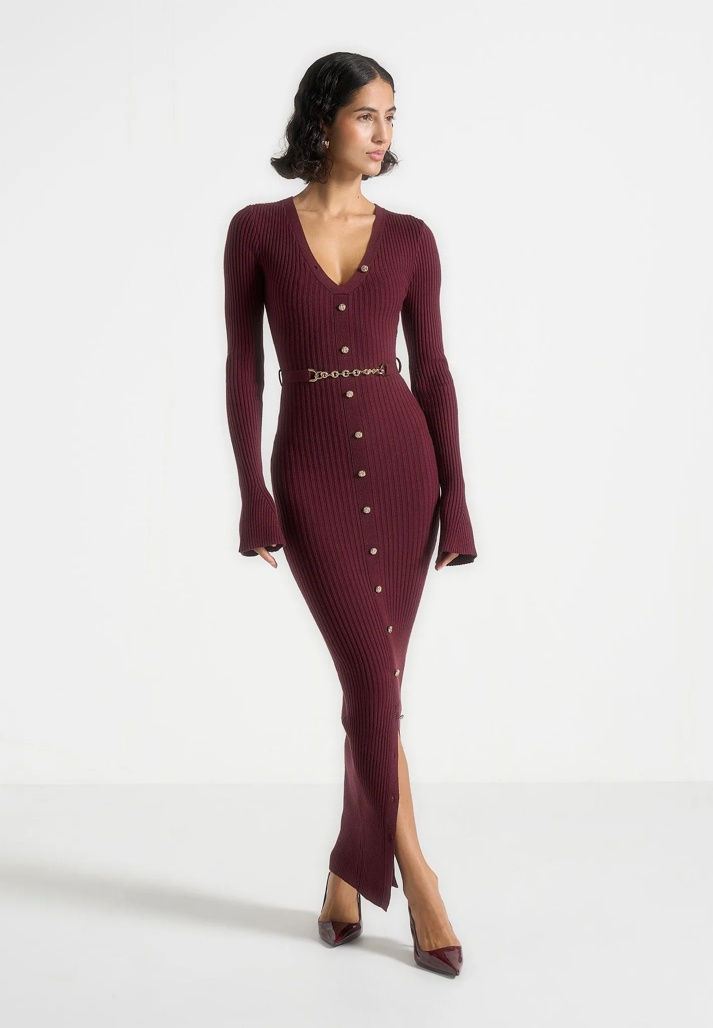 Assia - Long Sleeve Knitted Midaxi Dress With Belt - Wine Red Soft Harmony Bodycon-Fit