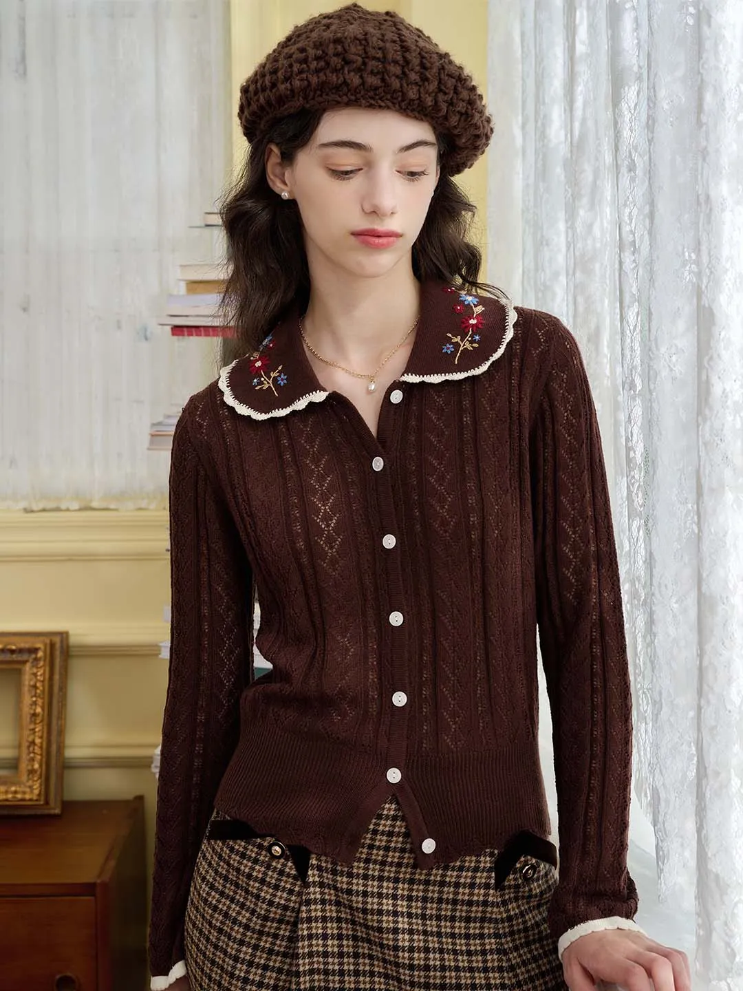 Moisture wicking ??Final Sale??Shay Peter Pan Collar Embroidered Contrast Cutout Cardigan