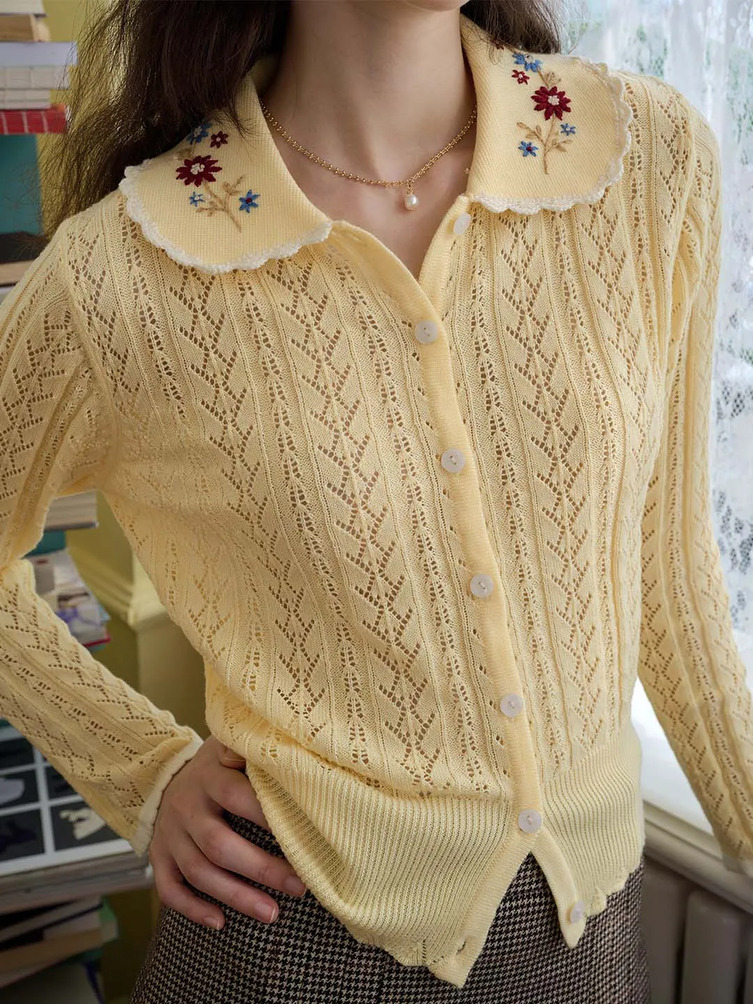 MinimalistSilhouette ??Final Sale??Shay Peter Pan Collar Embroidered Contrast Cutout Cardigan