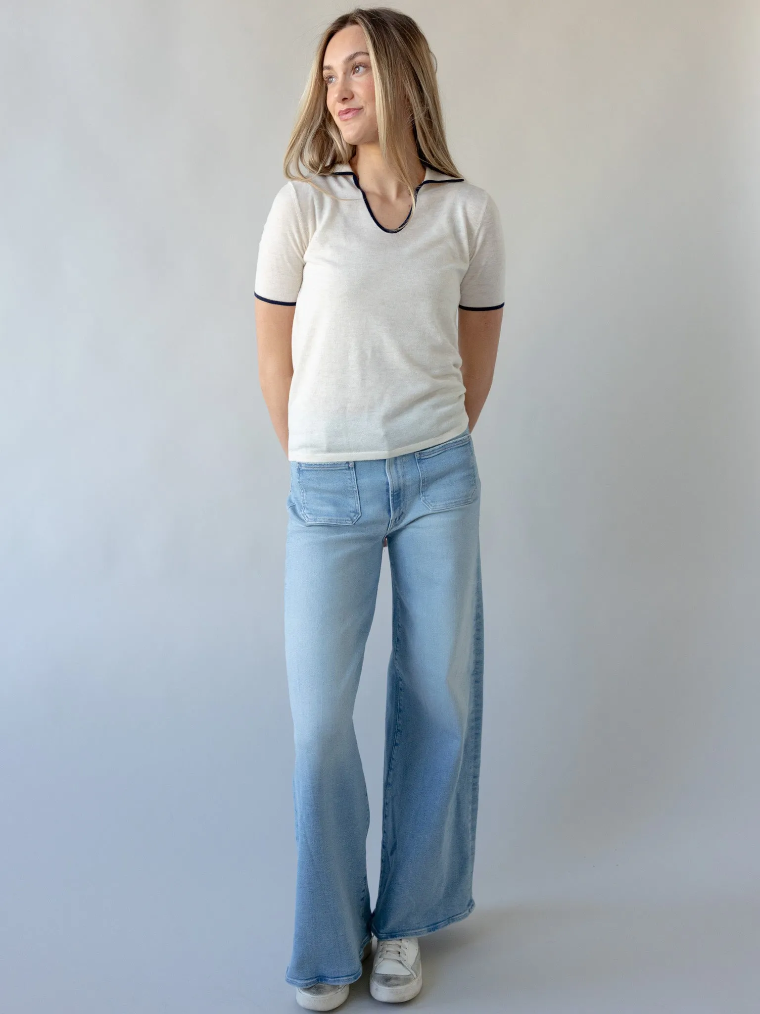 Watts Knit Polo - Ivory Contrast Stitch Detail Compression Gradient