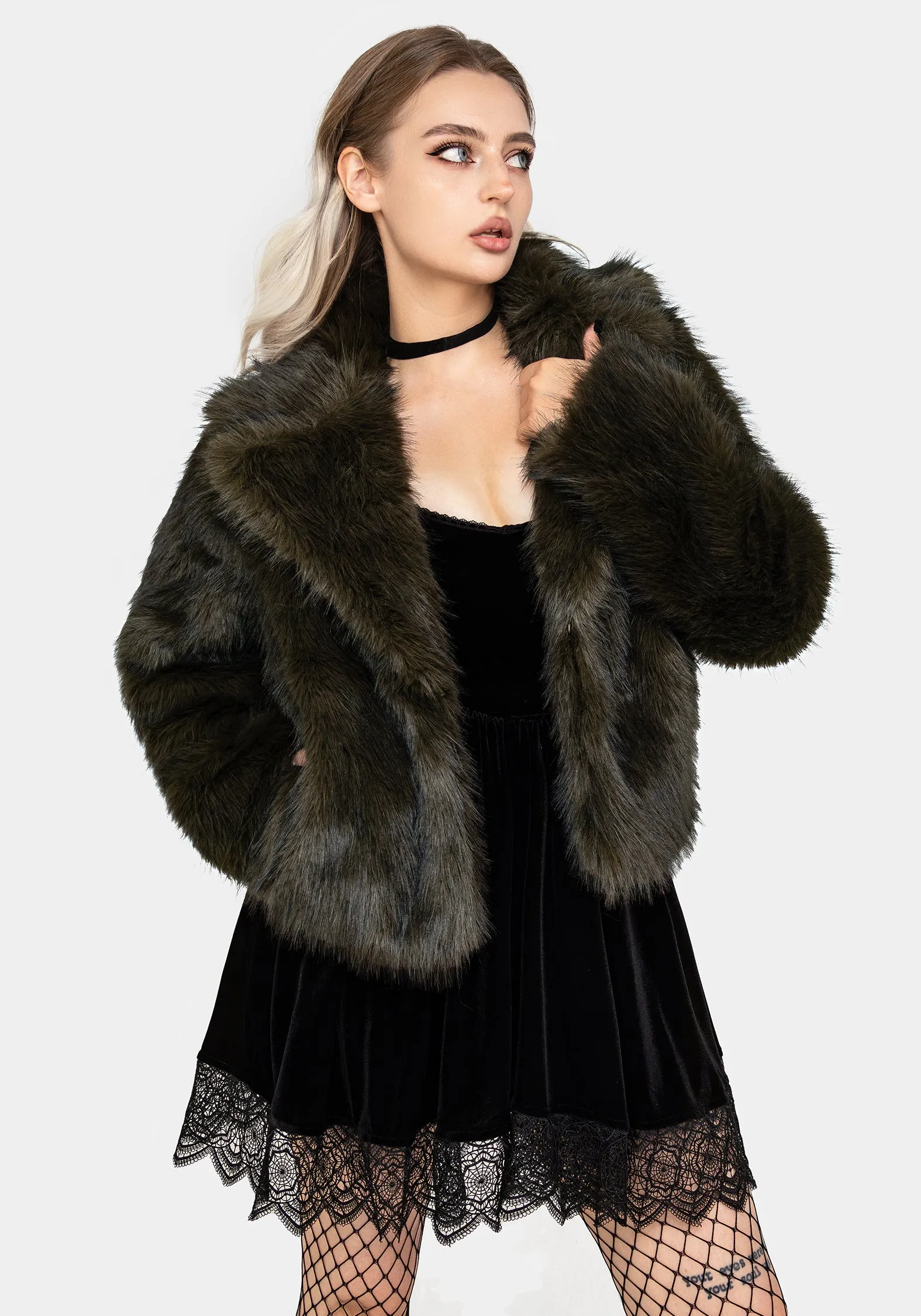 Convertible Collar Low Maintenance Fabric Monstrum Cropped Faux Fur Jacket