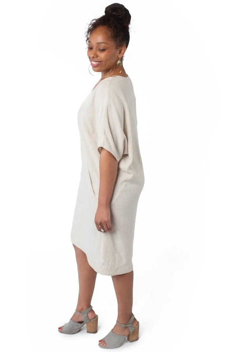 Shine Moment Cold-Shoulder Cocoon Dress in Oat Linen