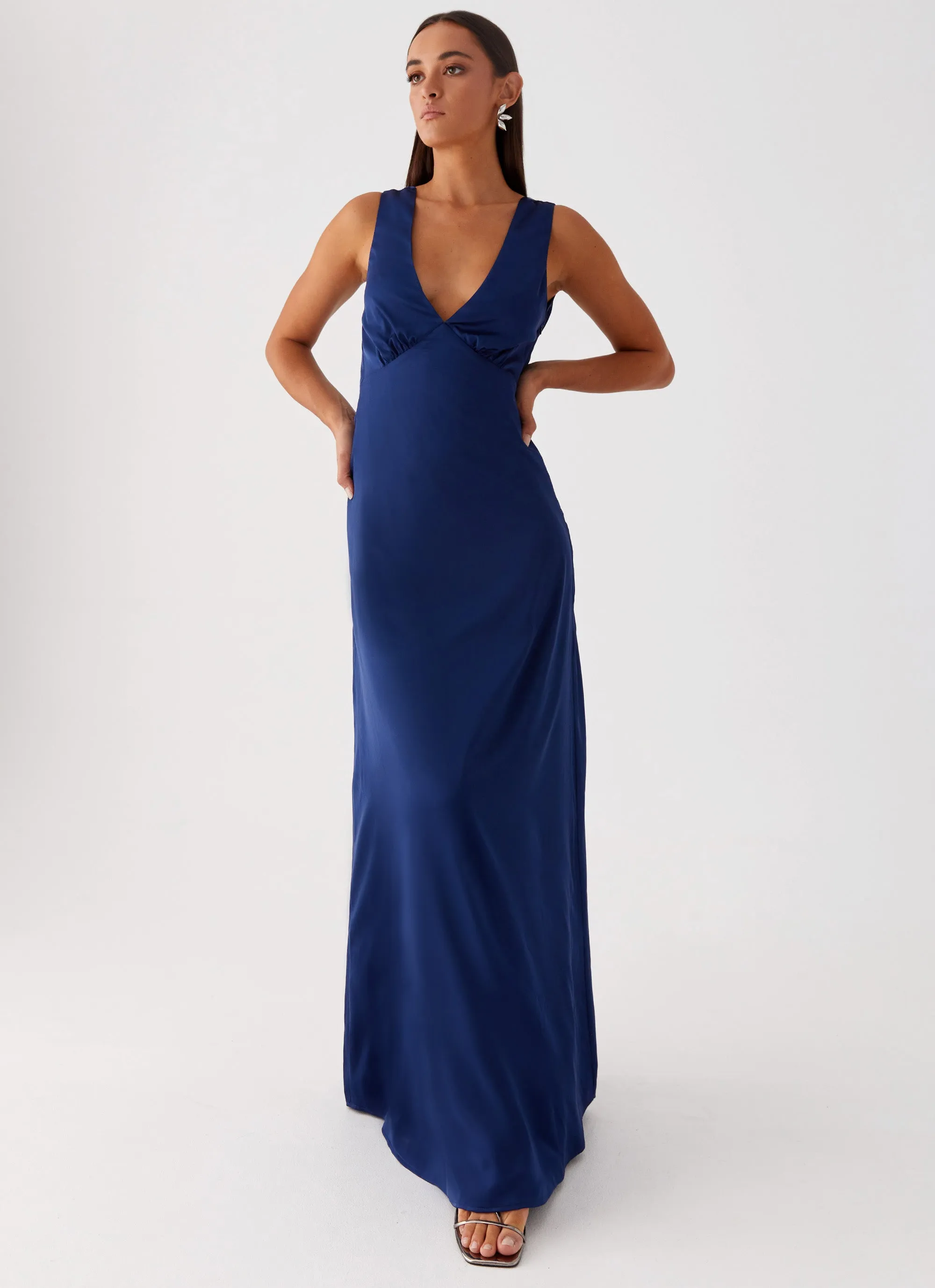 Collar Accent Elegant Layer Winnie Cowl Back Maxi Dress - Navy
