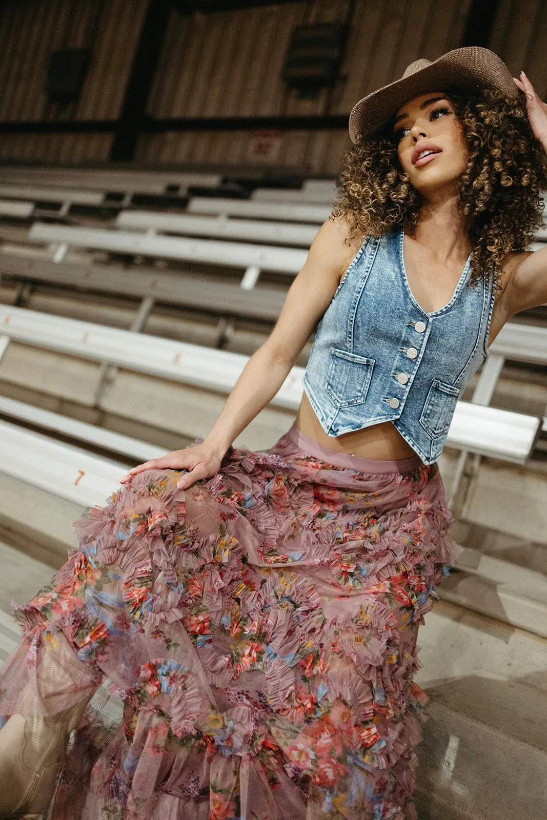 Casual Feel Floral Pattern Ruffle It Up Mesh Skirt