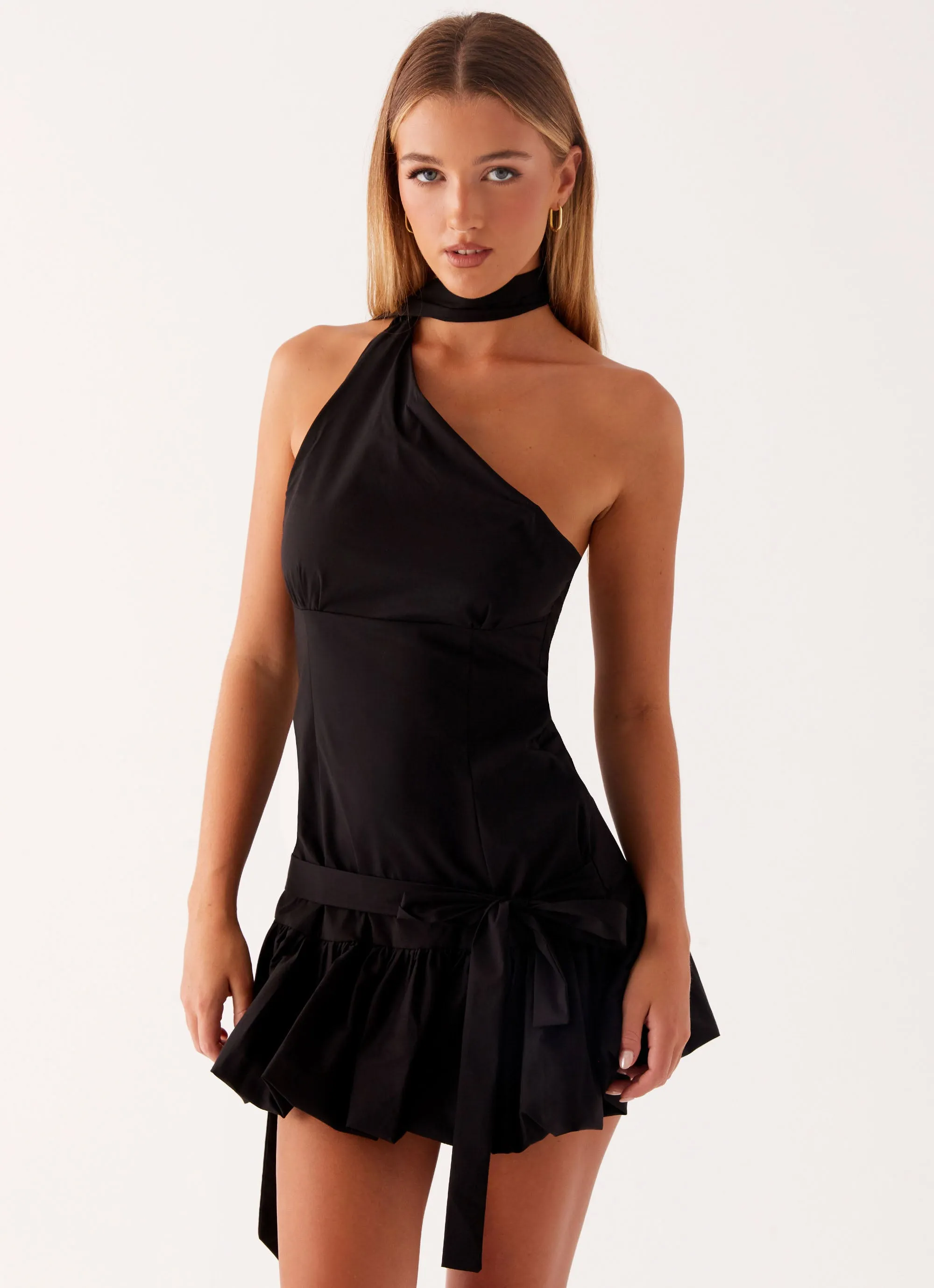 Belina Scarf Mini Dress - Black Inverted Pleats Simple Fashion