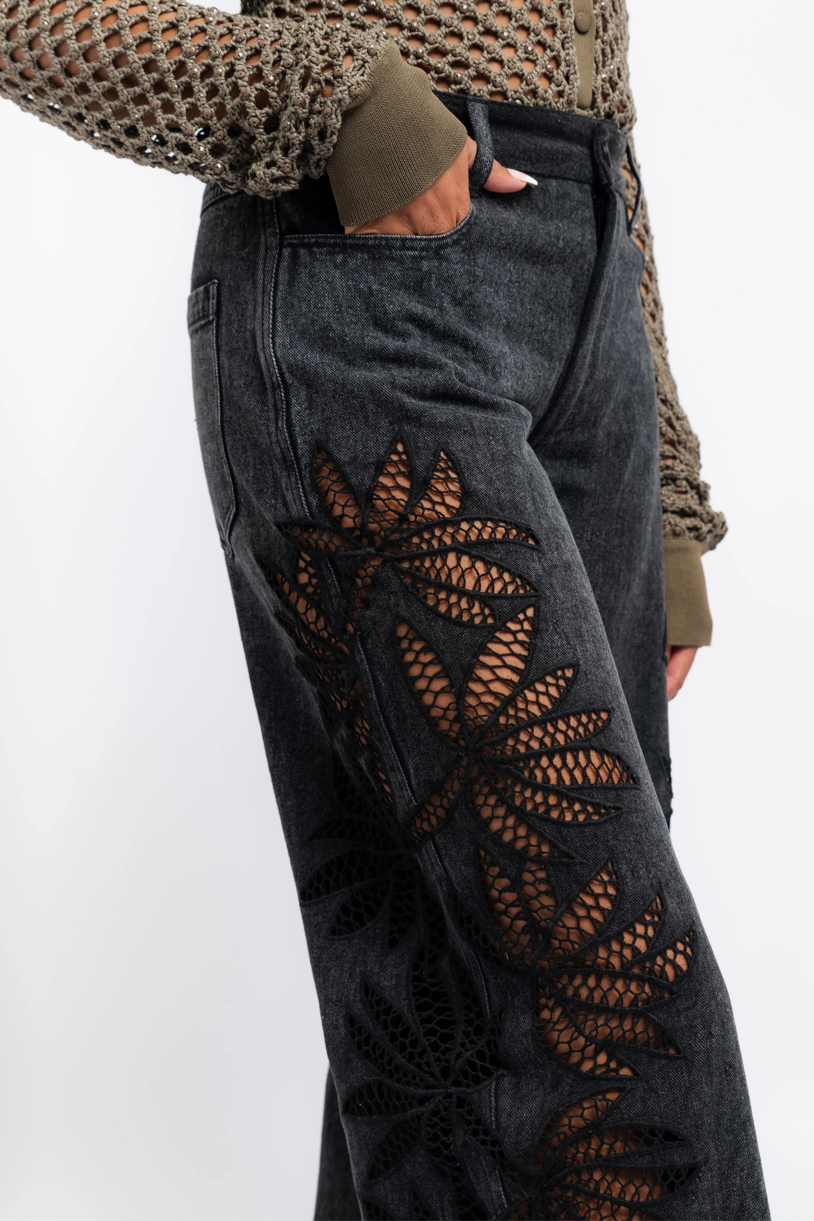 Everyday Layer Textured Smart Casual Road Trip Stulla Crochet Black Jeans