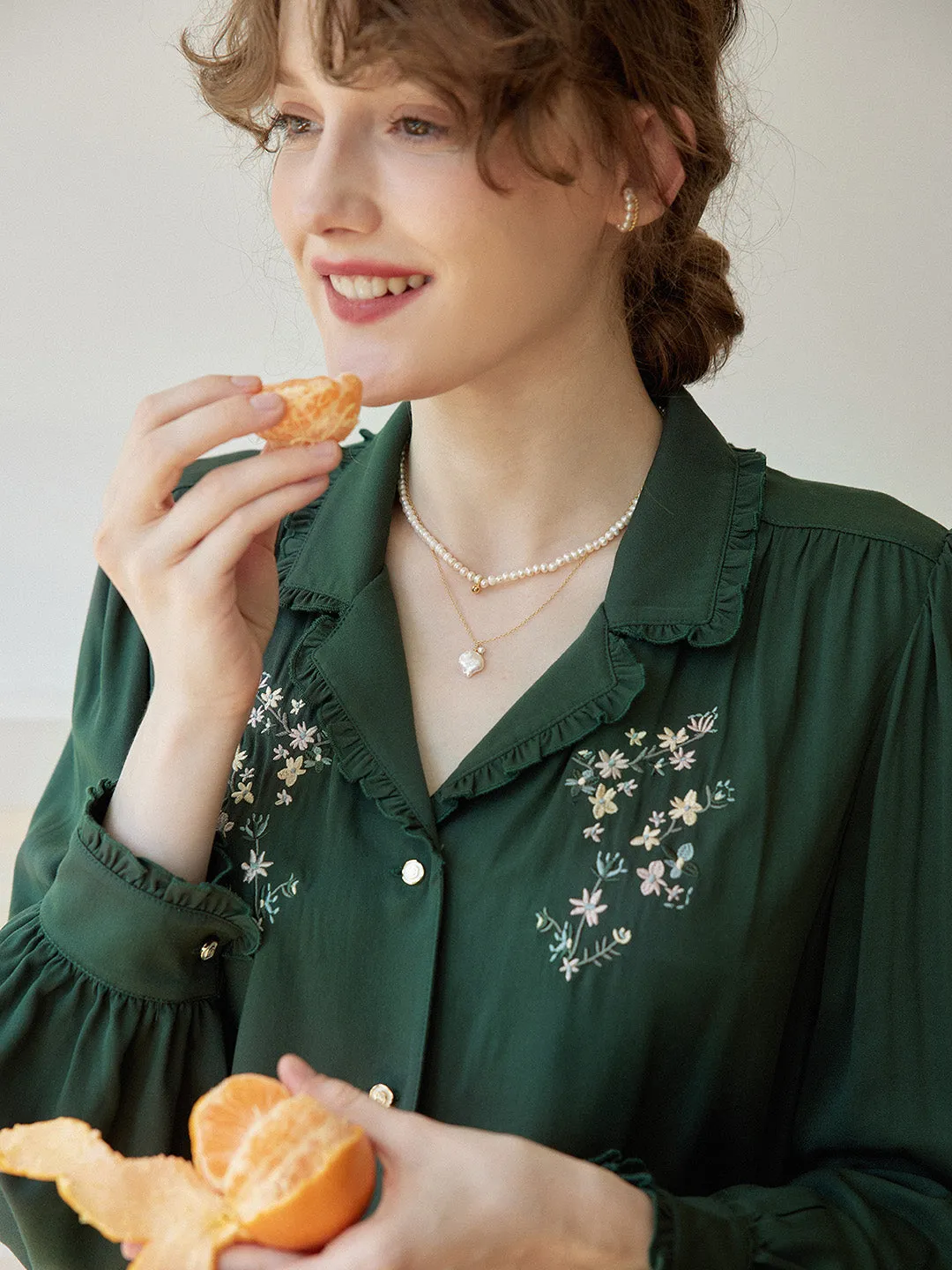 ??Final Sale??Convallaria Floral Embroidered Light Green Puff Top StretchKnit FlexFit Technology