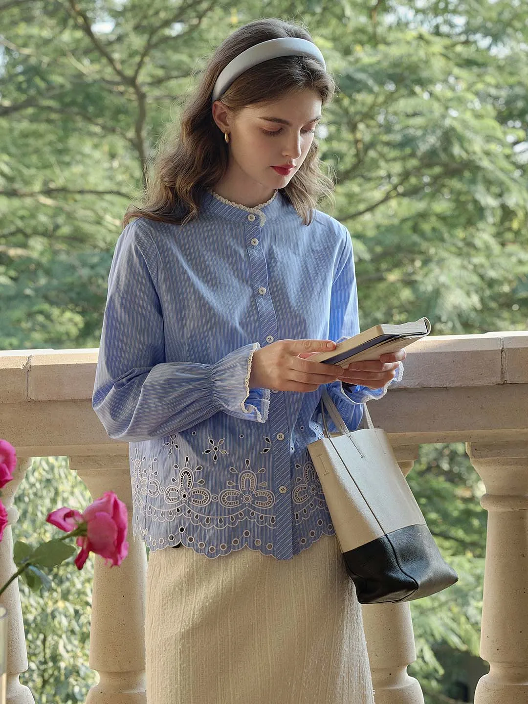 Durable Fiber Blend Selena Contrast Lace Mock Neck Hollow Embroidered Blouse