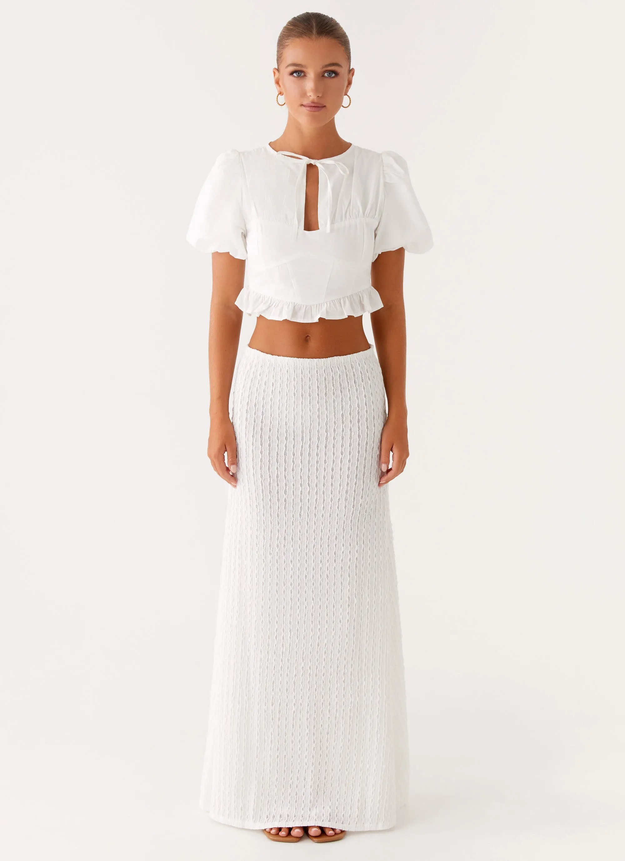 Megan Balloon Sleeve Top - White Overlock Edging Stylish T-shirt