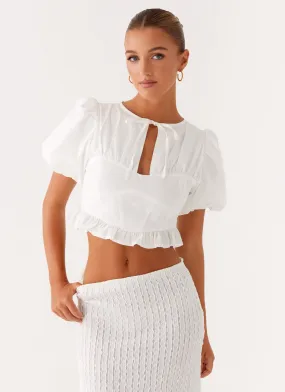 Megan Balloon Sleeve Top - White Natural Fiber Blend